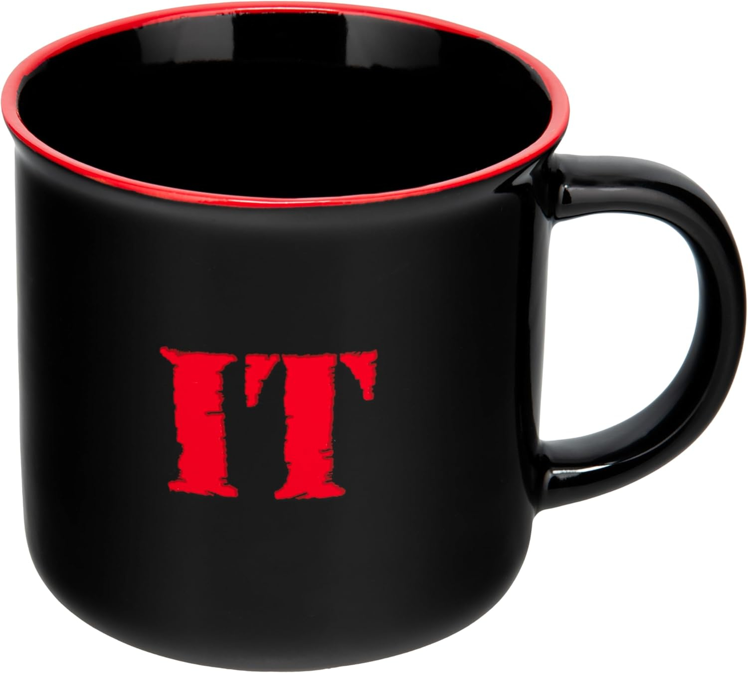 Egy fekete bögre piros peremmel és a "IT" szóval piros betűkkel. A fogantyú szintén fekete.