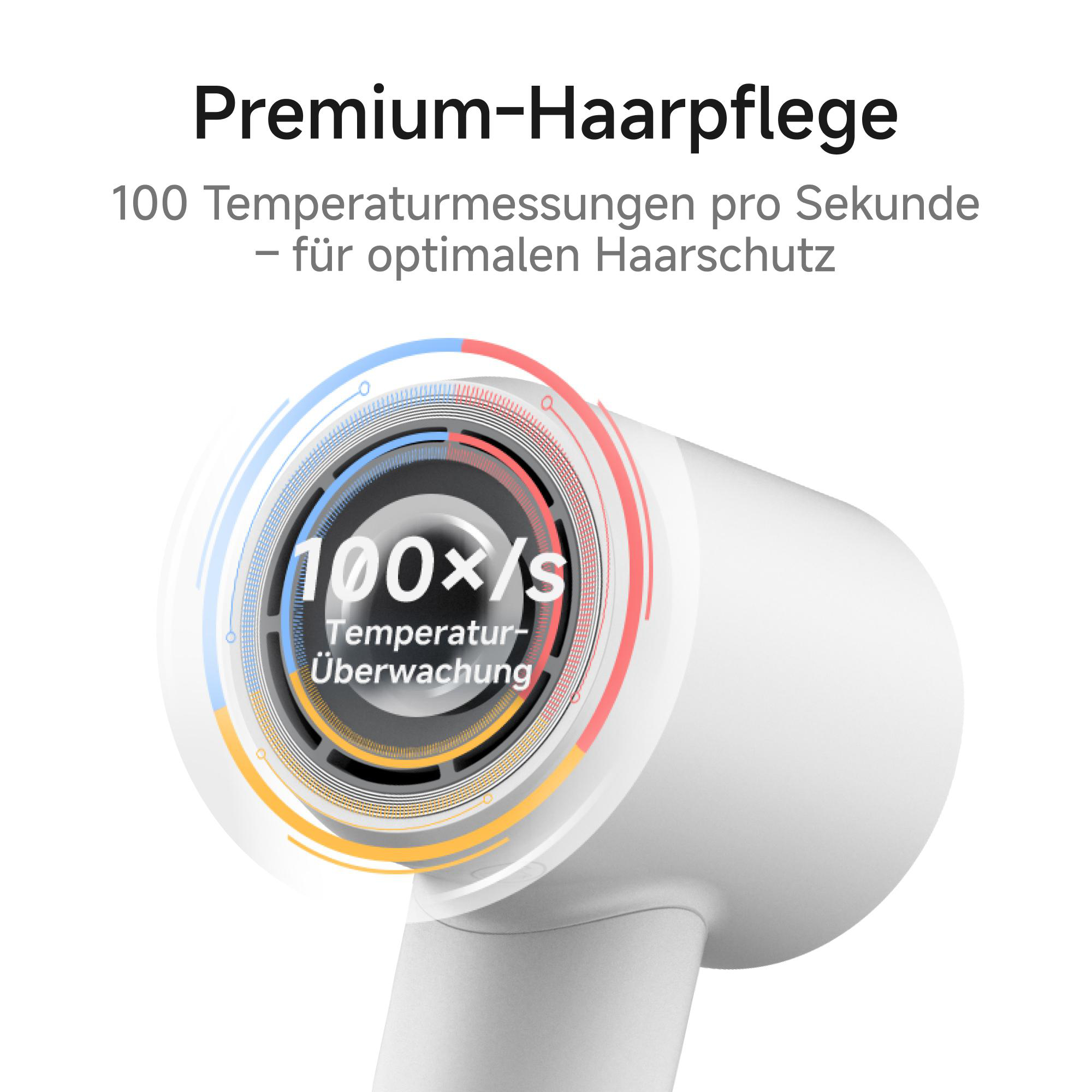 Ein weißer Föhn mit digitaler Anzeige, die 100x/s Temperaturüberwachung anzeigt. Text: Premium-Haarpflege, optimaler Schutz.