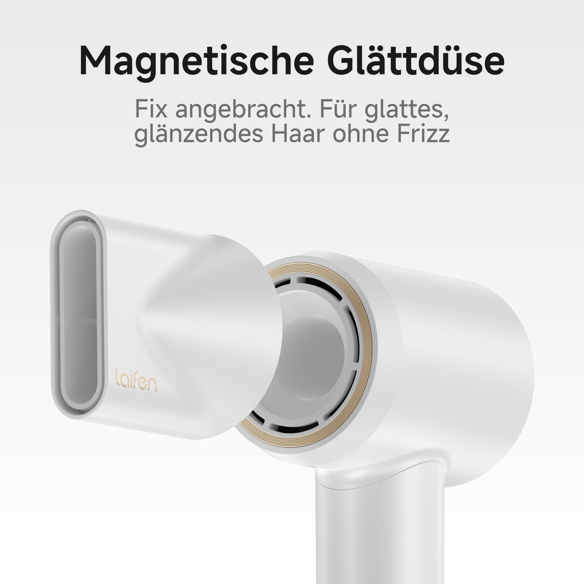 Weißer Haartrockneraufsatz mit der Marke Laifen. Text: 'Magnetische Glättdüse'. Für glattes, glänzendes Haar ohne Frizz.