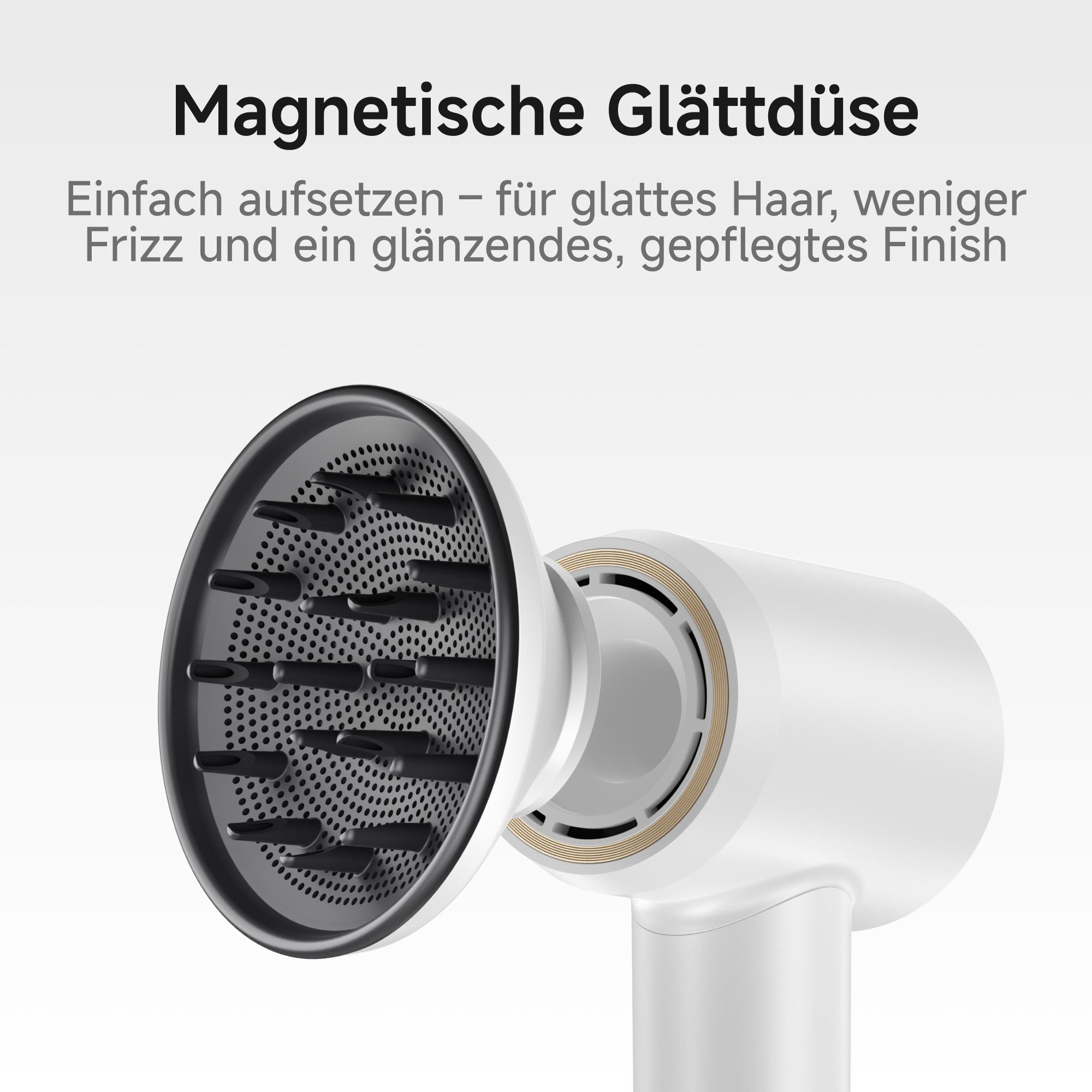 Weißer Haartrockner mit schwarzem Aufsatz. Der Text oben lautet: 'Magnetische Glättdüse'.