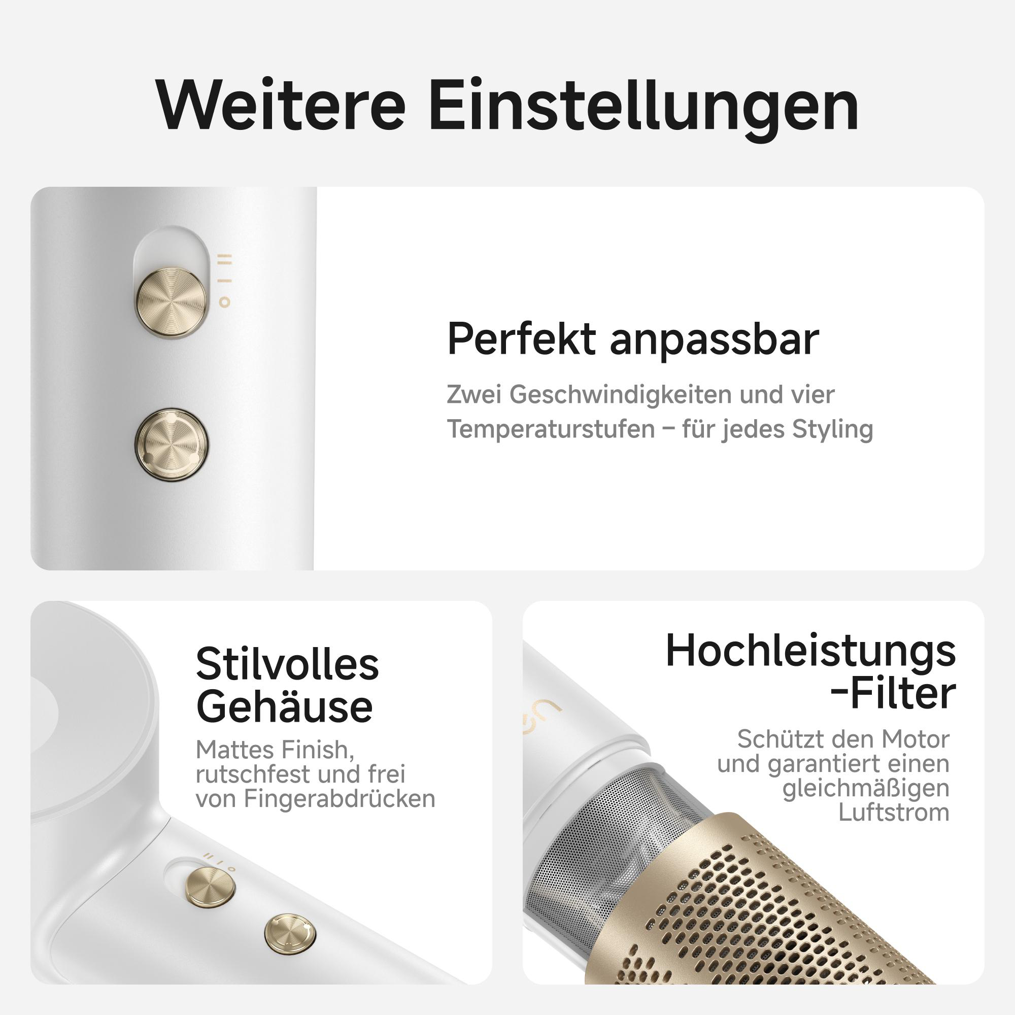 Das Bild zeigt einen weißen Haartrockner mit goldenen Akzenten. Text hebt die einstellbaren Einstellungen, das stilvolle Design und den Hochleistungsfilter hervor.
