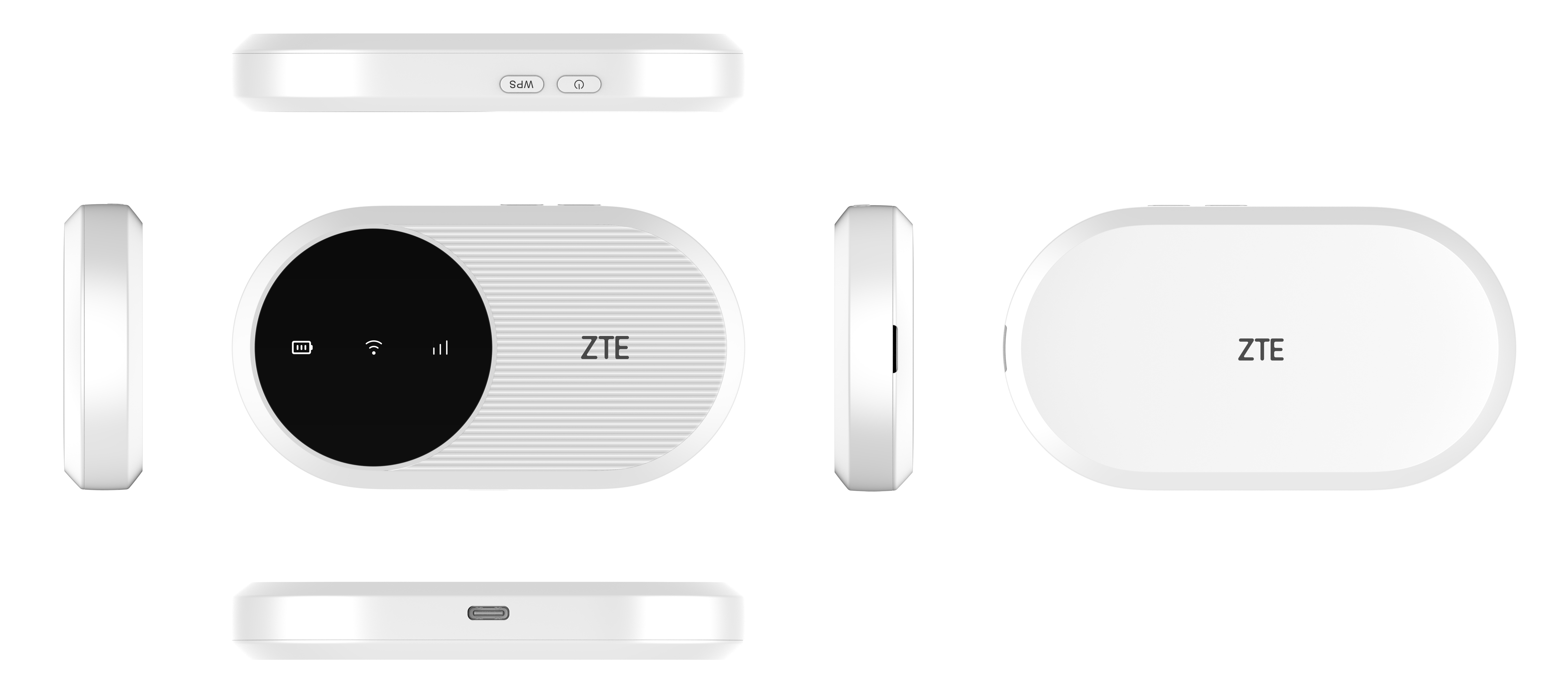 Białe urządzenie mobilnego hotspotu ZTE jest pokazane z wielu perspektyw. Posiada czarny wyświetlacz z ikonami i logo ZTE.