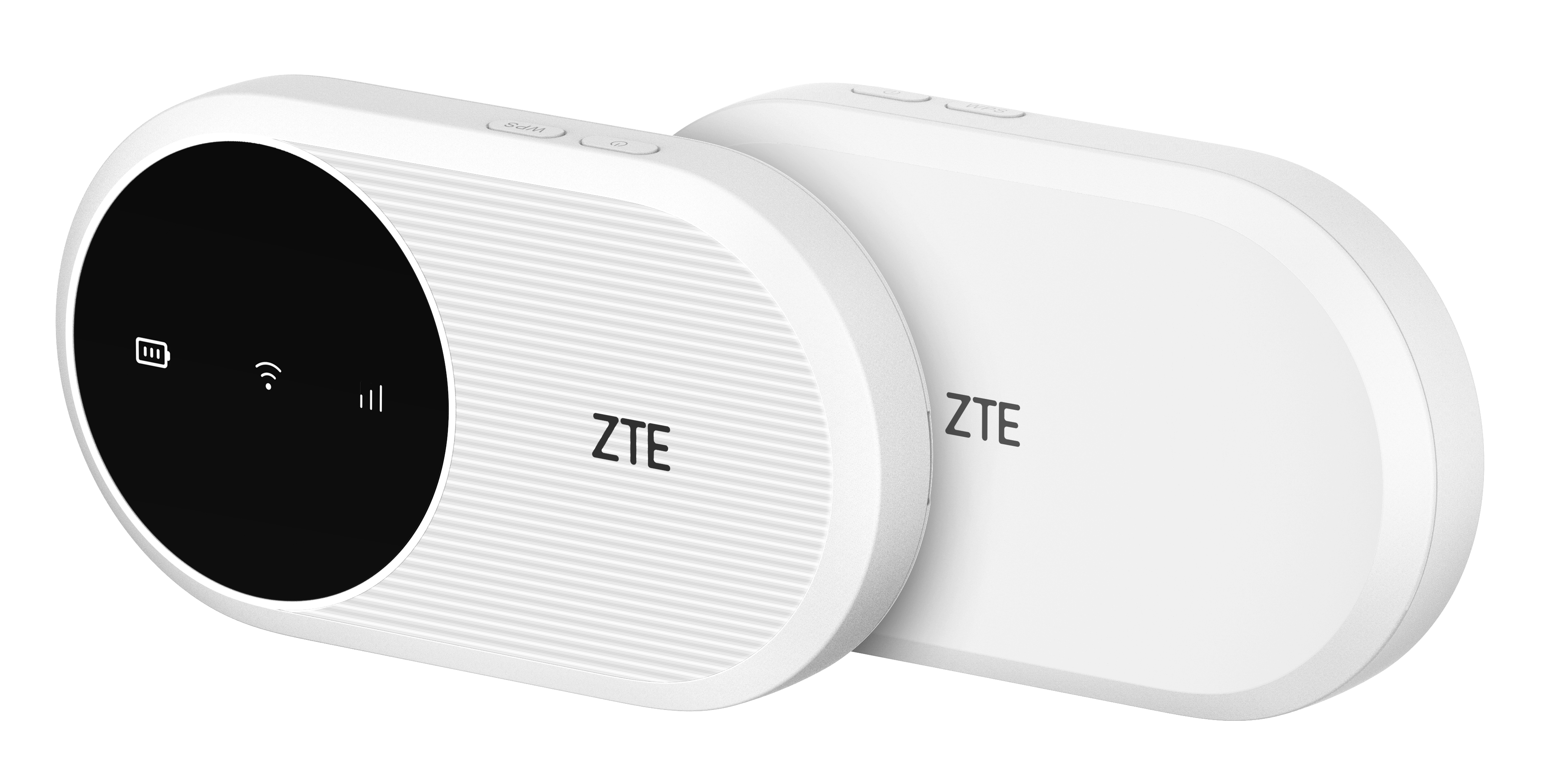 Dwa białe hotspoty mobilne ZTE. Jeden pokazuje czarny ekran z ikonami. Drugi, w tle, jest biały.