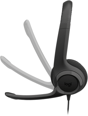 Fekete Logitech fejhallgató mikrofonnal. A fejhallgató párnázott fülkagylóval és rugalmas karos mikrofonnal rendelkezik. Egy kábel csatlakozik.