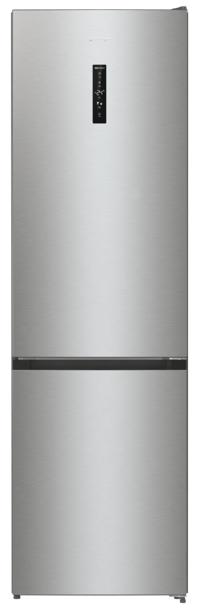 Lodówka ze stali nierdzewnej. Ma dwoje drzwi, wyświetlacz cyfrowy u góry i czarny pasek na dole.