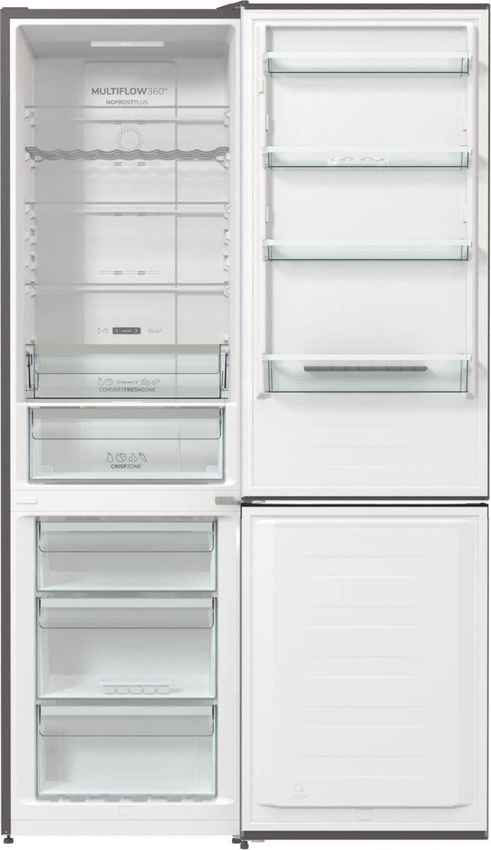 Otwarta lodówka z półkami, szufladami i przegrodami. Lewe drzwi mają półki i etykietę 'Multiflow'. Prawe drzwi mają półki.