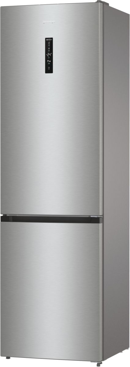 Lodówka ze stali nierdzewnej z górnymi drzwiami i dolną szufladą. Posiada wyświetlacz cyfrowy.