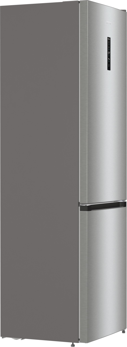 Lodówka ze stali nierdzewnej z ciemnoszarym bokiem. Posiada cyfrowy wyświetlacz i czarny uchwyt.