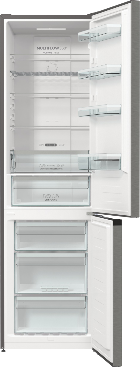 Otwarta lodówka pokazuje półki, szuflady i branding. Lewe drzwi są całkowicie otwarte. Prawe drzwi są częściowo otwarte.