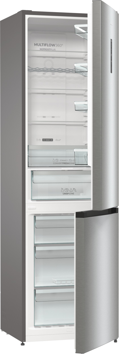 Otwarta lodówka ze stali nierdzewnej z półkami, szufladami i etykietami takimi jak MultiFlow360°, ConvertFreshZone i CrispZone.