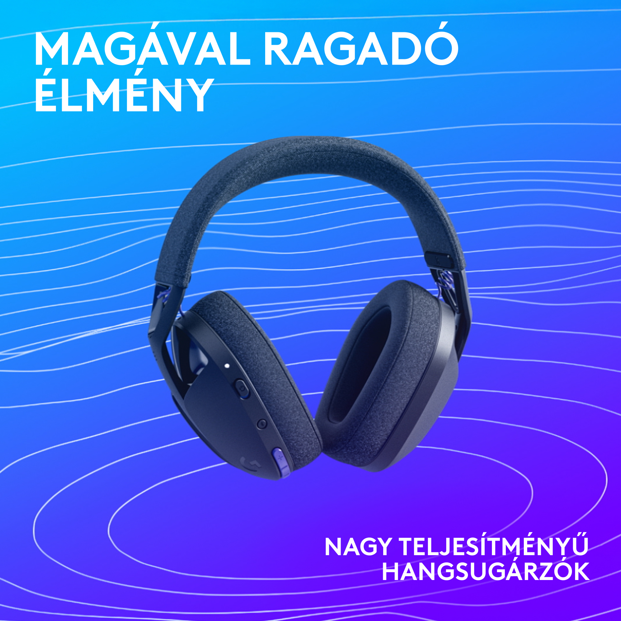 Egy sötétkék fejhallgató középen egy kék háttéren, felül és alul fehér szöveggel.