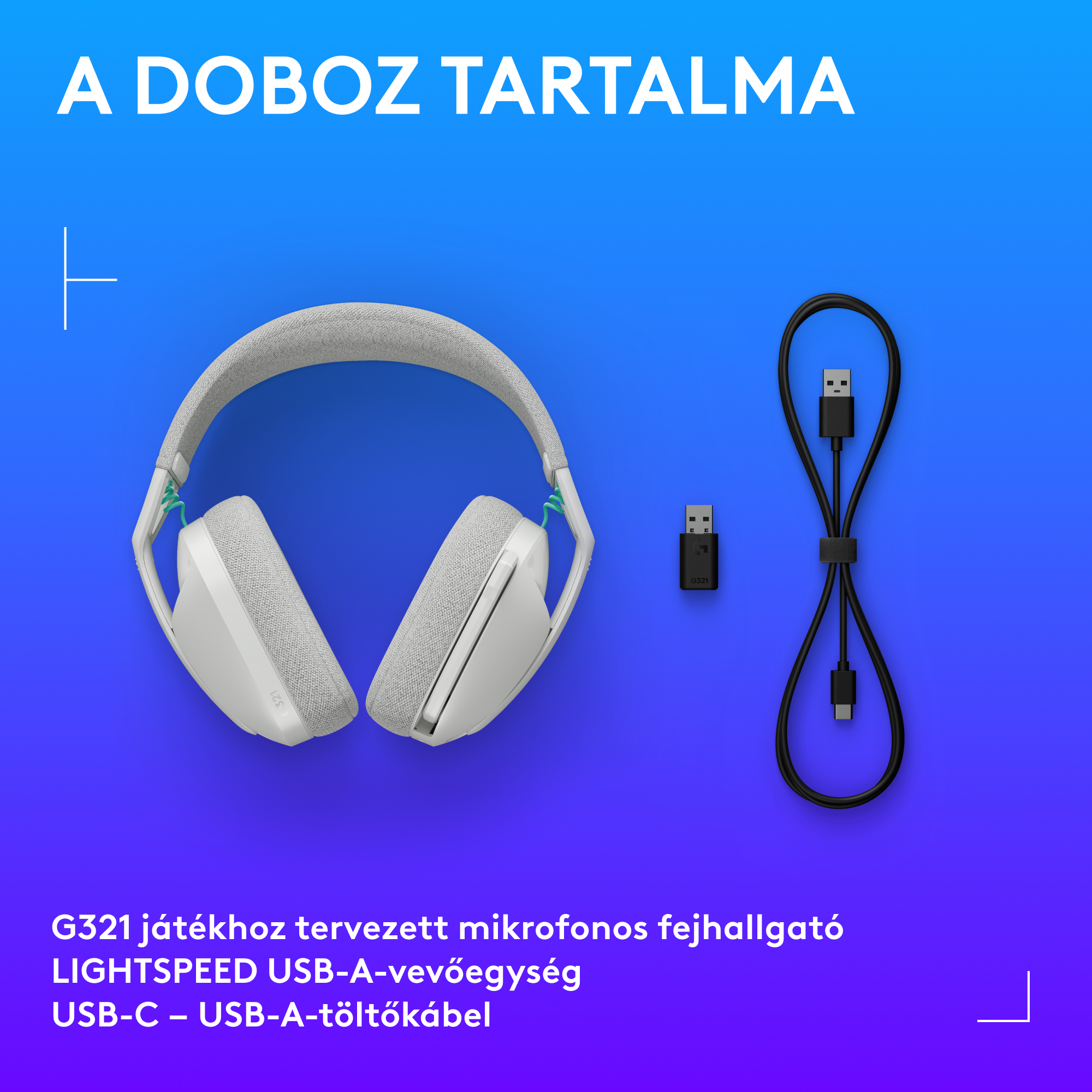 A képen egy fehér gamer fejhallgató, egy USB-vevő és egy fekete USB-kábel látható kék színátmenetes háttérrel.