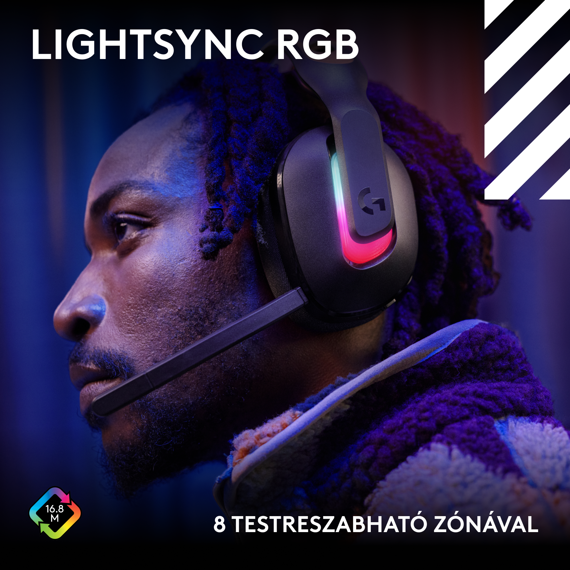 Férfi fekete fejhallgatót visel RGB-fényekkel. A szöveg LIGHTSYNC RGB és 8 testreszabható zónát ír. A logó a fejhallgatón található.