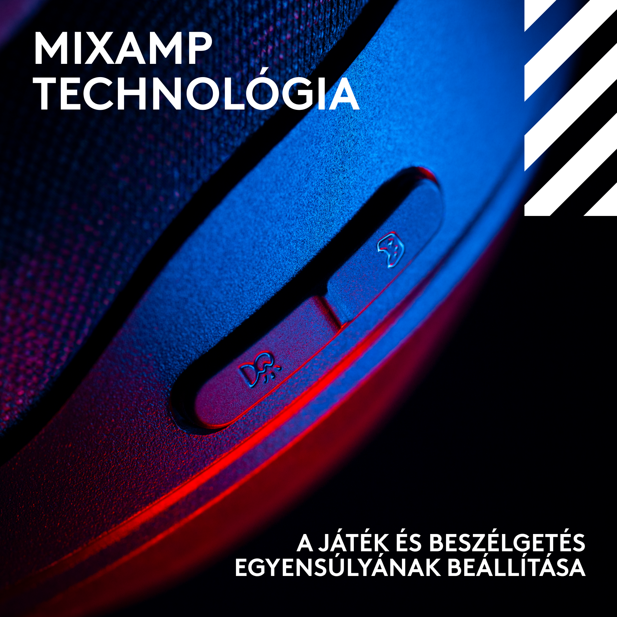 Egy játékeszköz közeli képe gombokkal. A szöveg a következő: Mixamp Technológia és A játék és beszélgetés egyensúlyának beállítása.