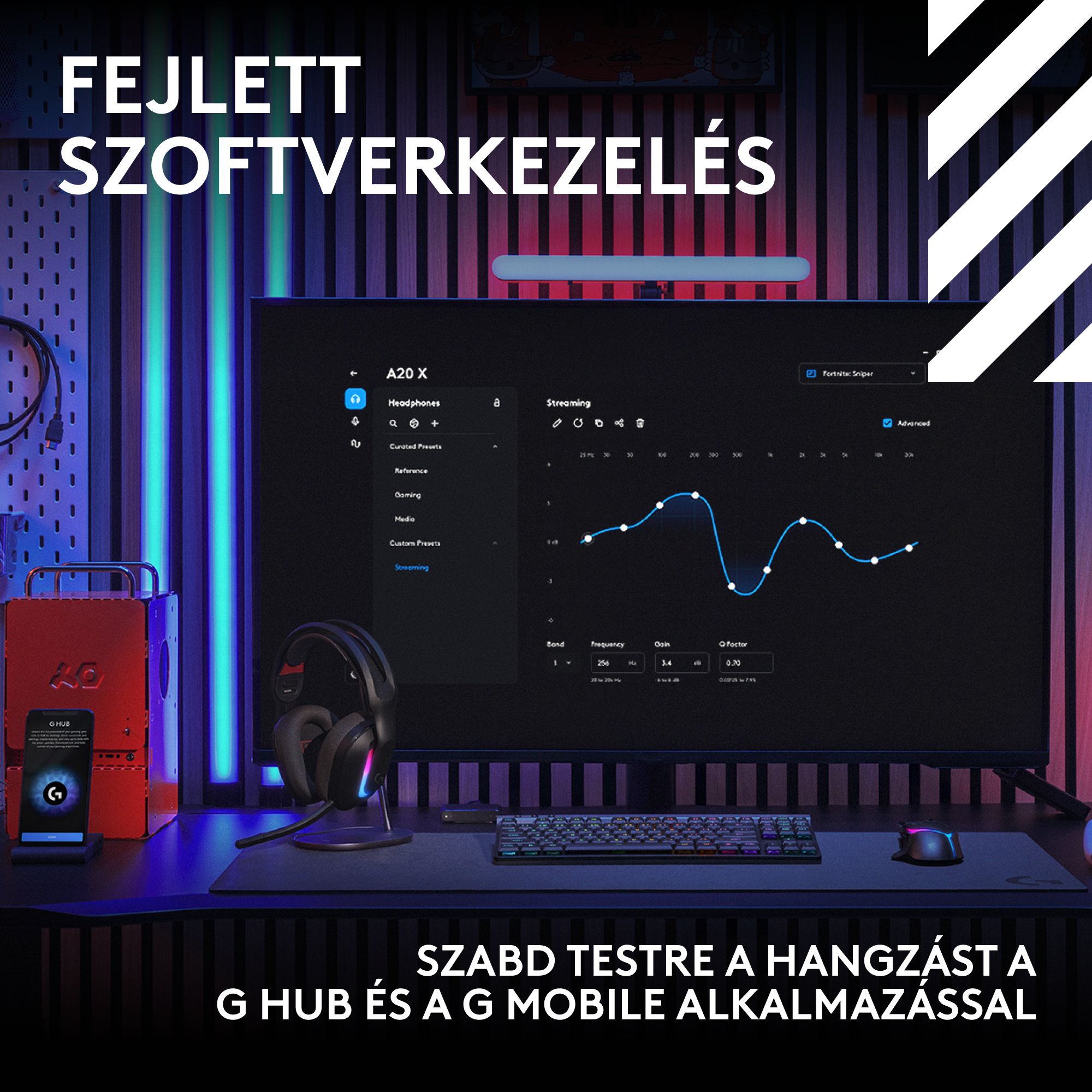Játékbeállítás monitorral, amely hangbeállításokat, fejhallgatót, billentyűzetet, egeret és telefont mutat. Piros doboz és fa fal a háttérben.