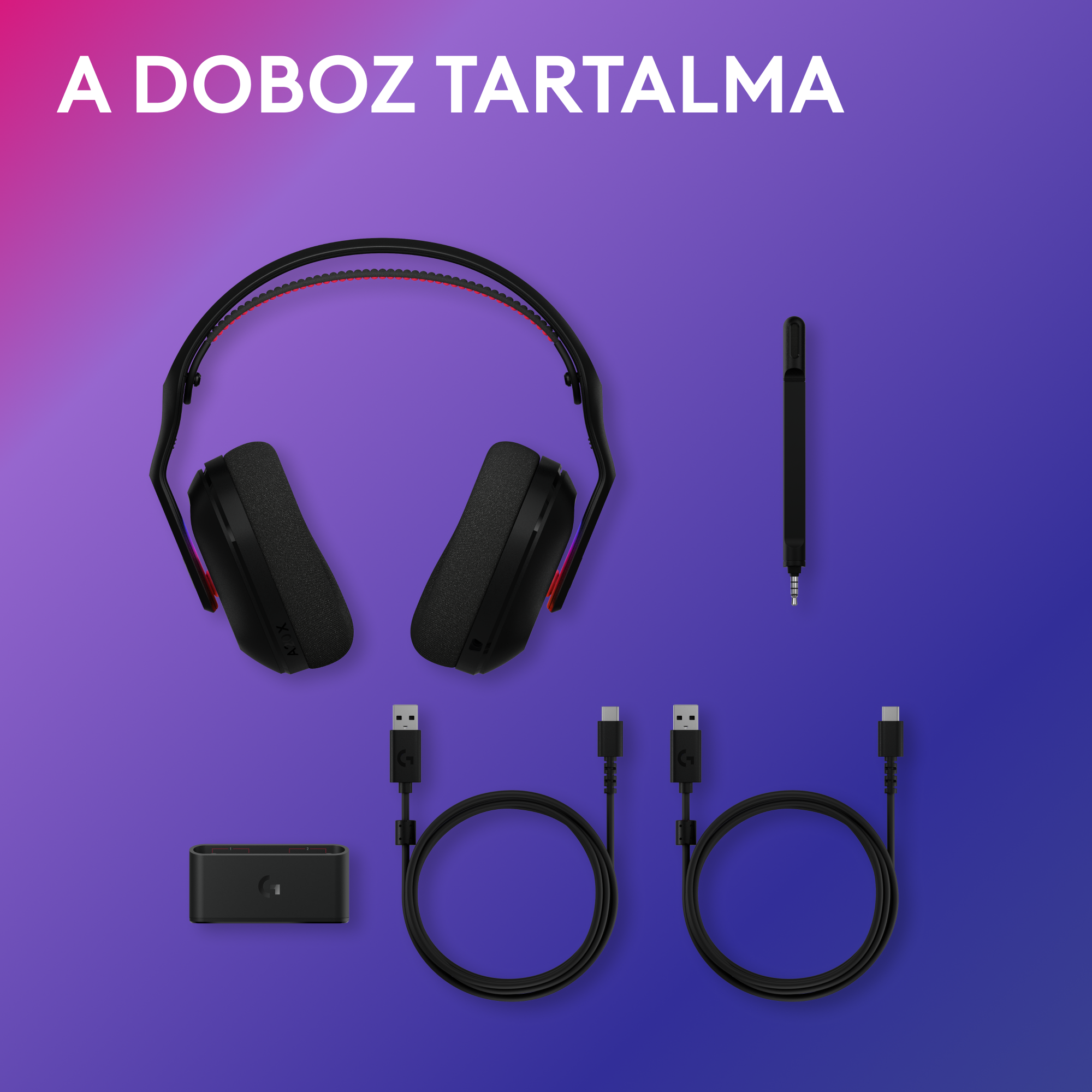 A képen fejhallgató, kábelek és egy vevő látható. A "A DOBOZ TARTALMA" szöveg az objektumok felett található.