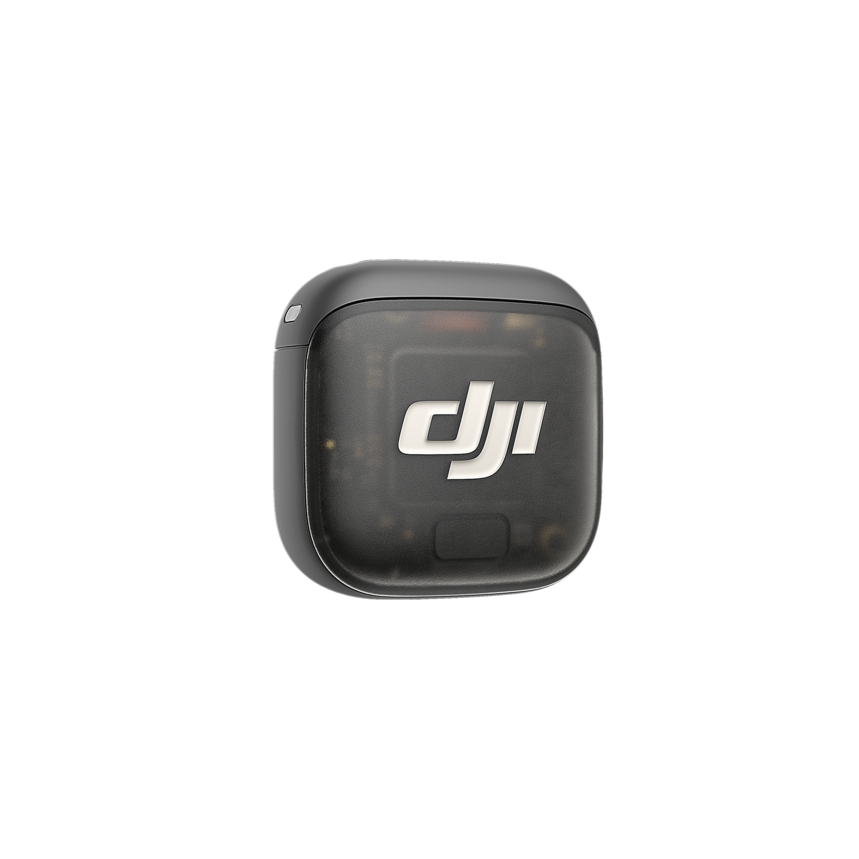 Ein kleines, schwarzes, rechteckiges Gerät mit einer transparenten Vorderseite. Das DJI-Logo ist sichtbar.