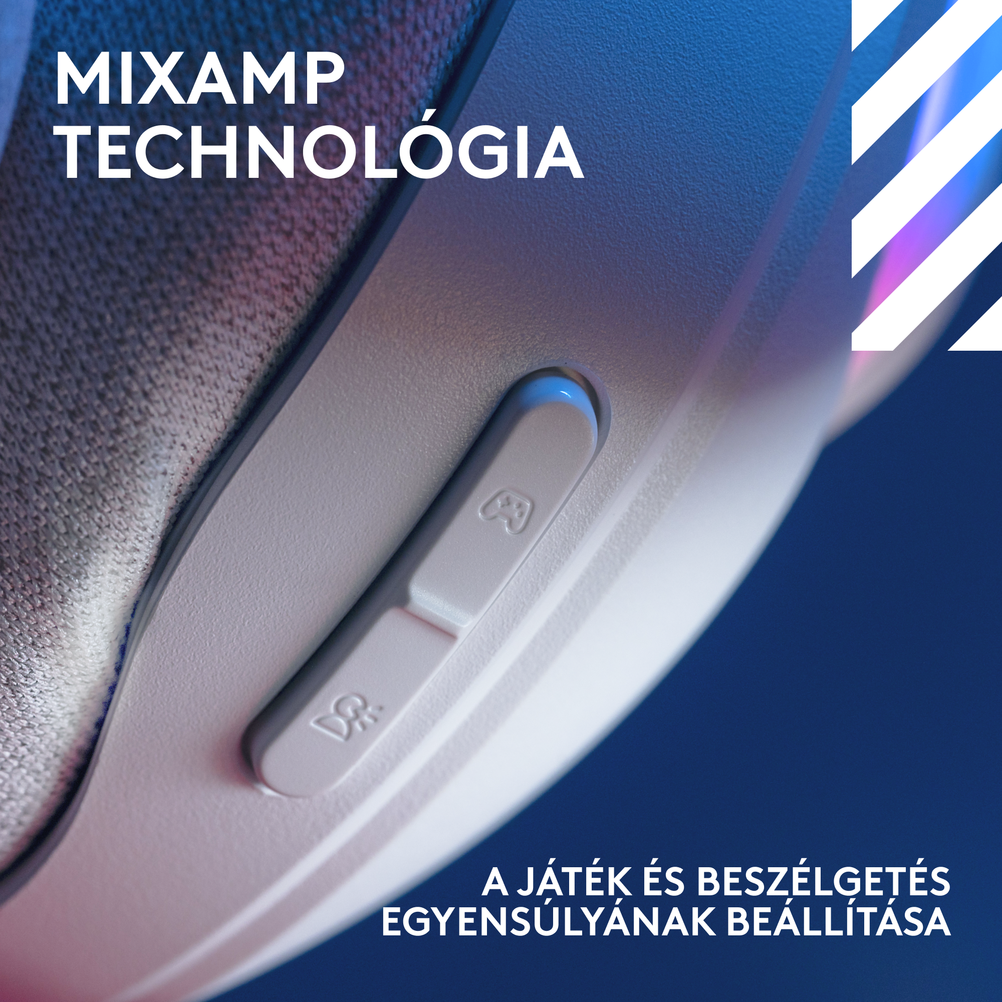 Fejhallgató részlete hangerő- és játékkonfigurációs gombokkal. Szöveg: MIXAMP TECHNOLÓGIA. Kék és fehér gradiens.
