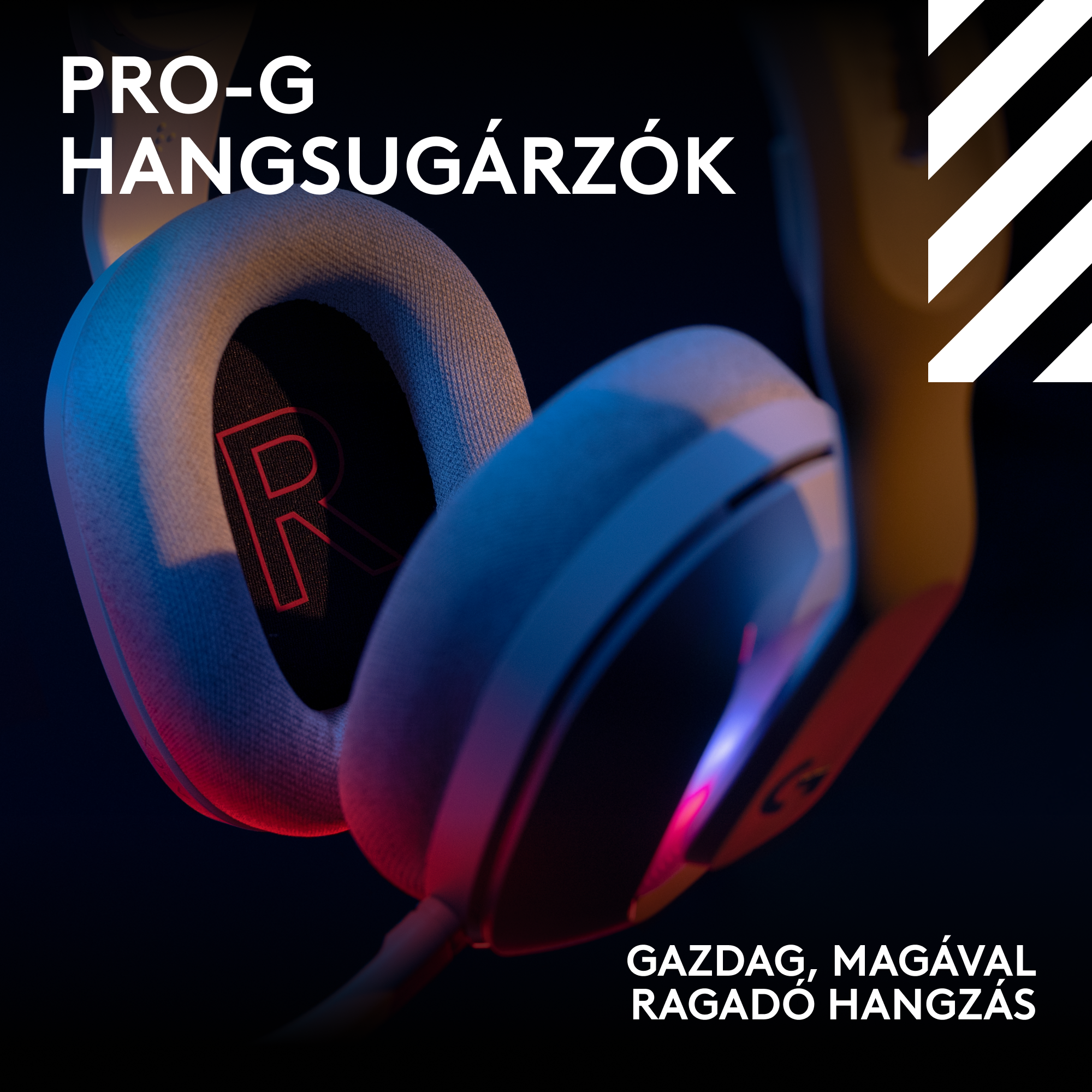 Gaming headset közelről, látható R betűvel. Felül PRO-G, hangsugárzók, alatta gazdag, magával ragadó hangzás felirat.