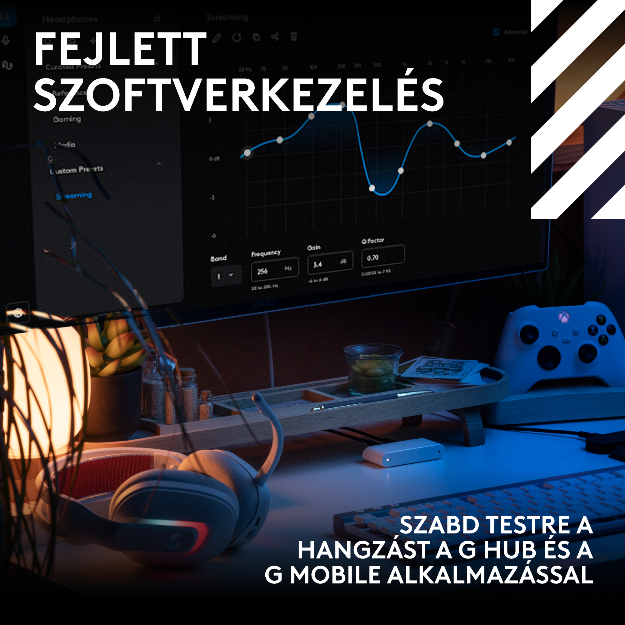 Játékbeállítás fejhallgatóval, kontrollerrel és szoftverfelülettel a hangszín beállításához egy asztalon.