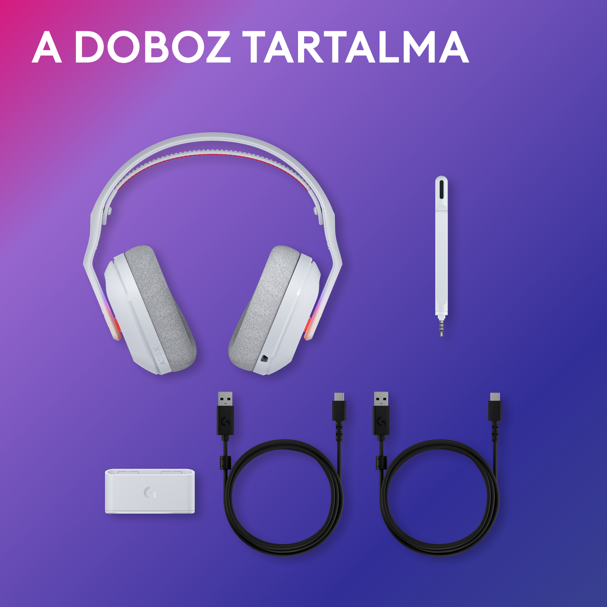 A kép egy doboz tartalmát mutatja: fejhallgató, kábelek, egy kulcs és egy fehér tollszerű tárgy. A háttér lila színátmenet.