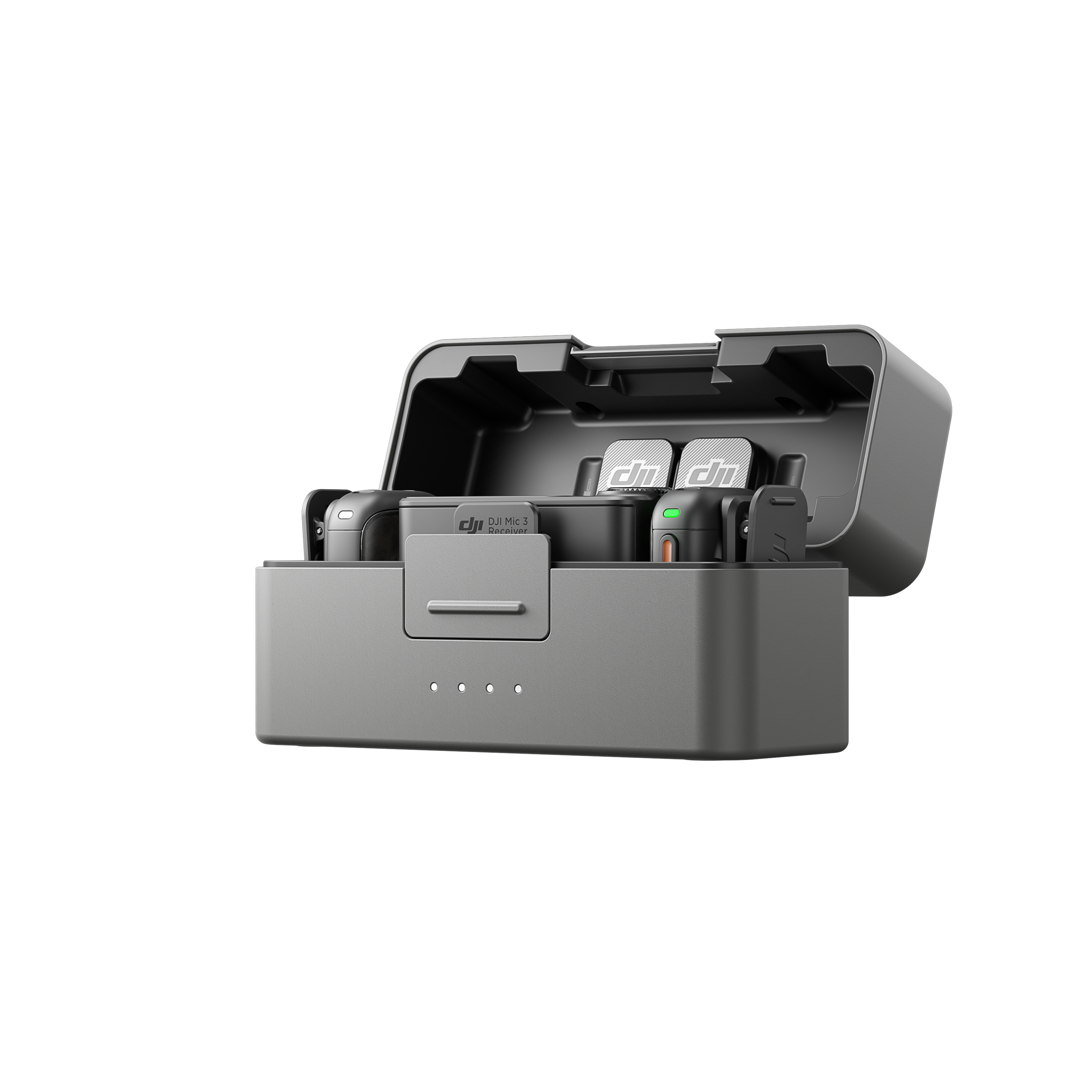 Eine graue DJI Mic 3 Ladebox, geöffnet. Im Inneren sind zwei Mikrofone, ein Empfänger und Ladeanschlüsse zu sehen.