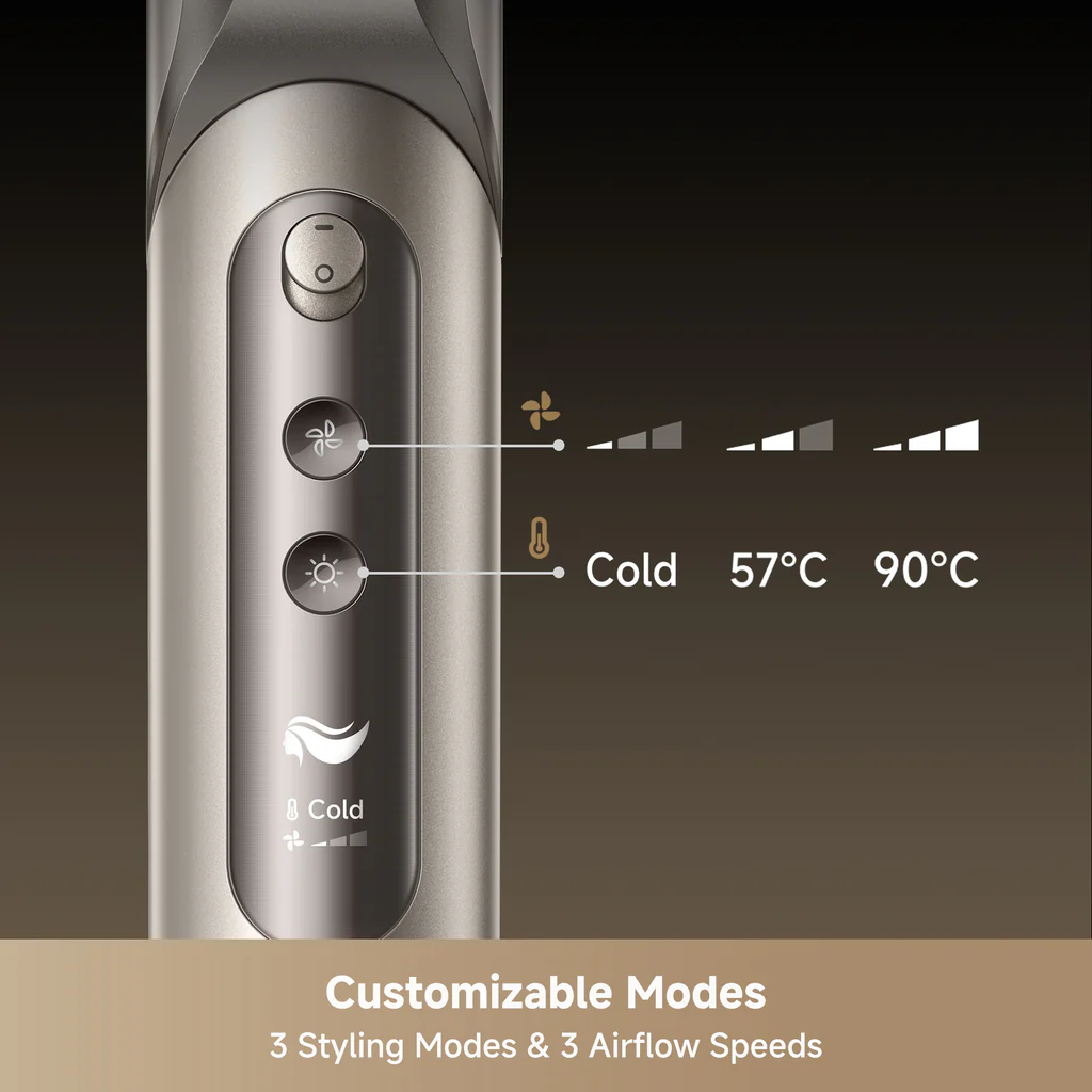 Egy hajformázó eszköz közeli képe, amelyen vezérlőgombok, hőmérséklet-beállítások és légáramlási szintek láthatók. Szöveg: 'Customizable Modes'.