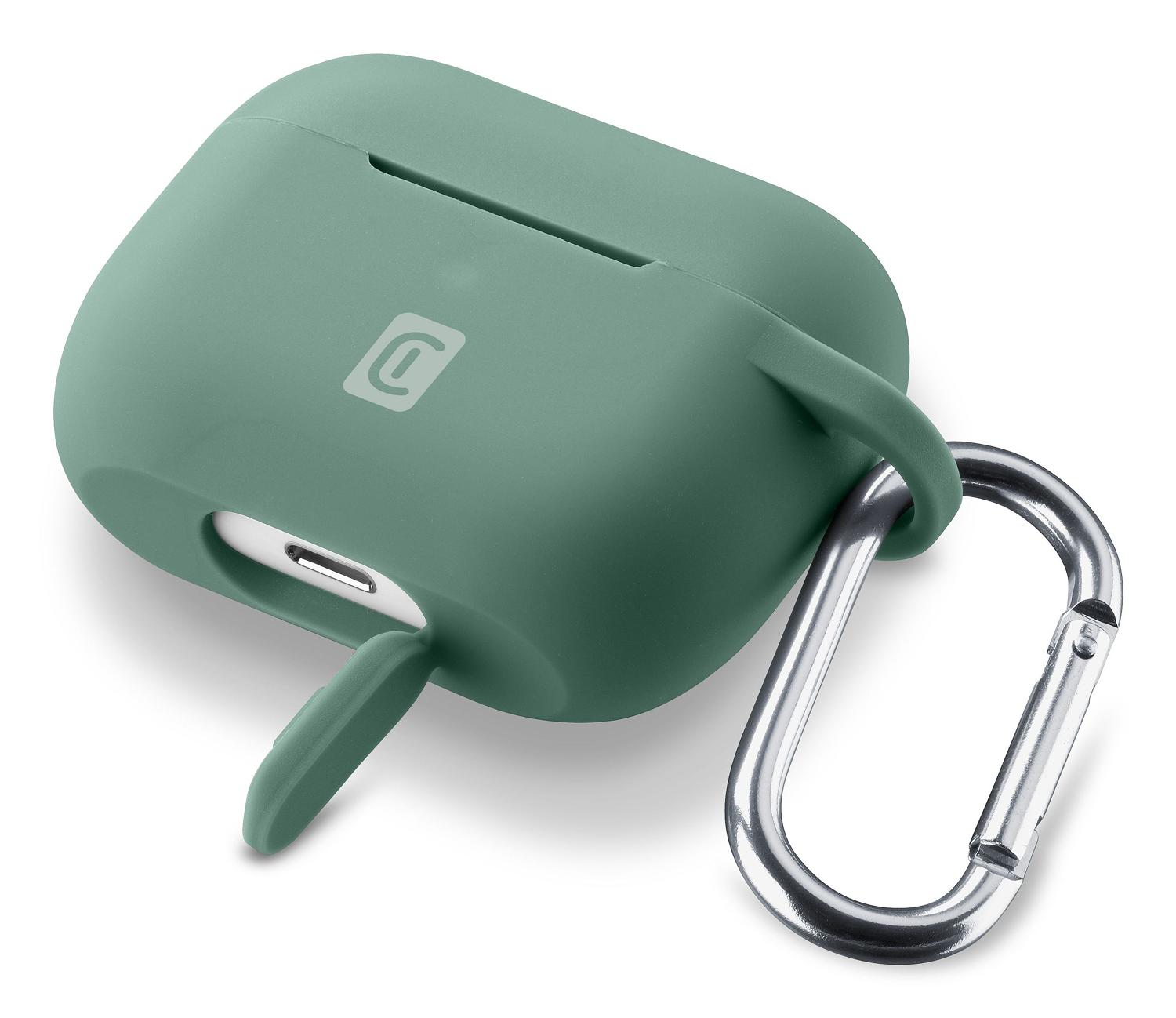 Funda verde de silicona para AirPods con mosquetón plateado. La funda está abierta, revelando el puerto de carga.