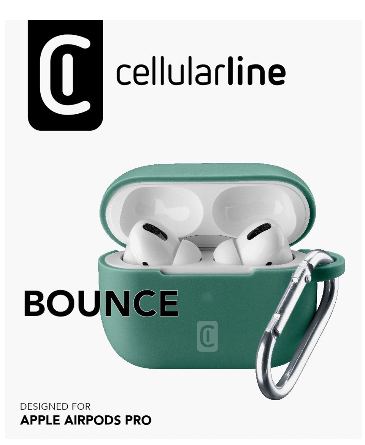 Estuche verde para AirPods Pro con auriculares blancos dentro. Clip plateado a la derecha. Texto negro 'BOUNCE' y 'cellularline' visibles.