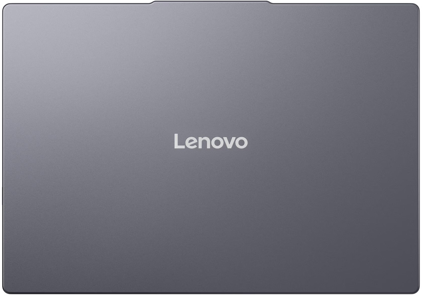 Egy szürke laptopfedél a Lenovo logóval középen. A fedél lekerekített sarkokkal és egy kis bemélyedéssel rendelkezik a tetején.
