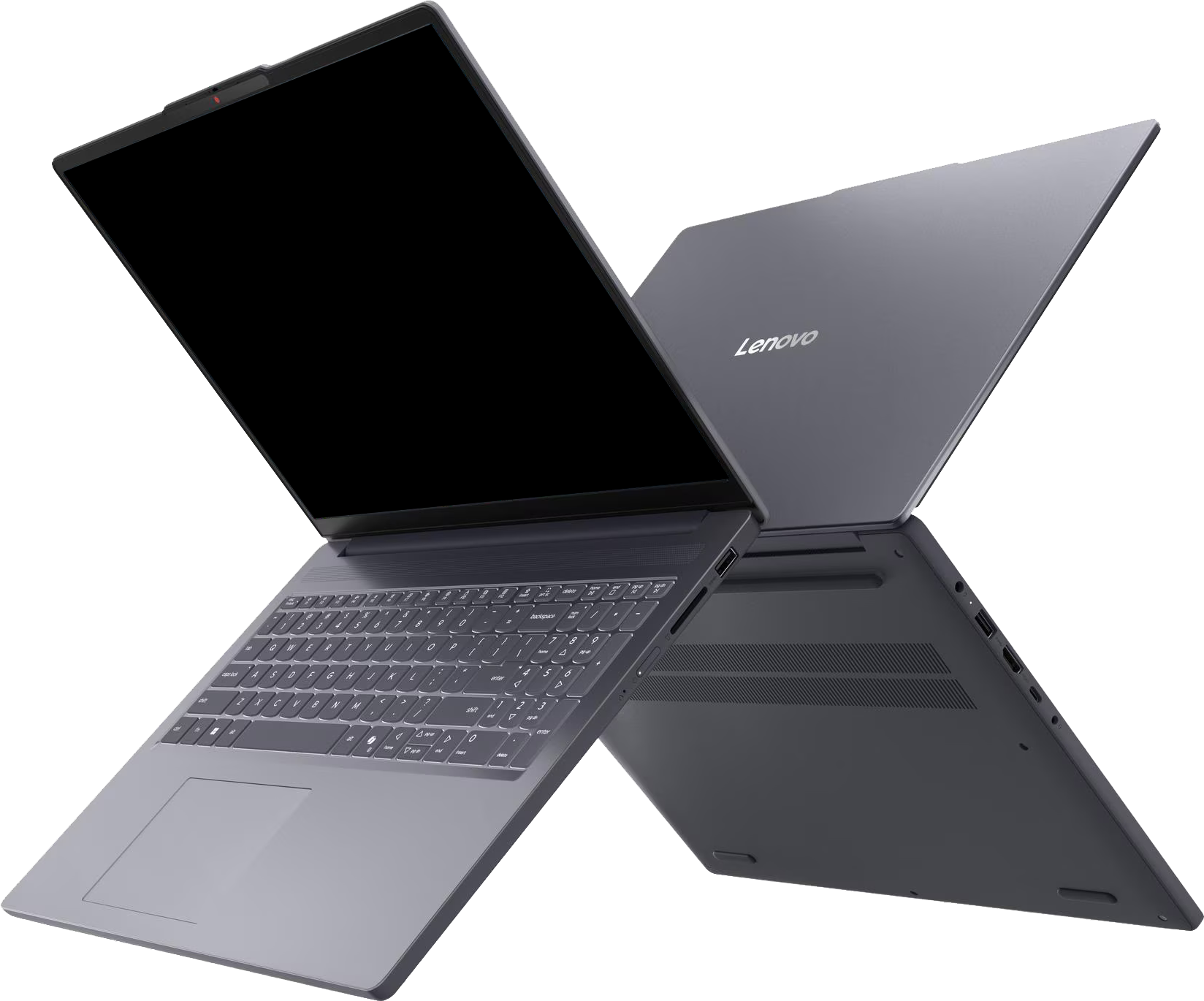 Két nyitott szürke Lenovo laptop. Látható a billentyűzet, a képernyő és a fedél. A háttér fehér.