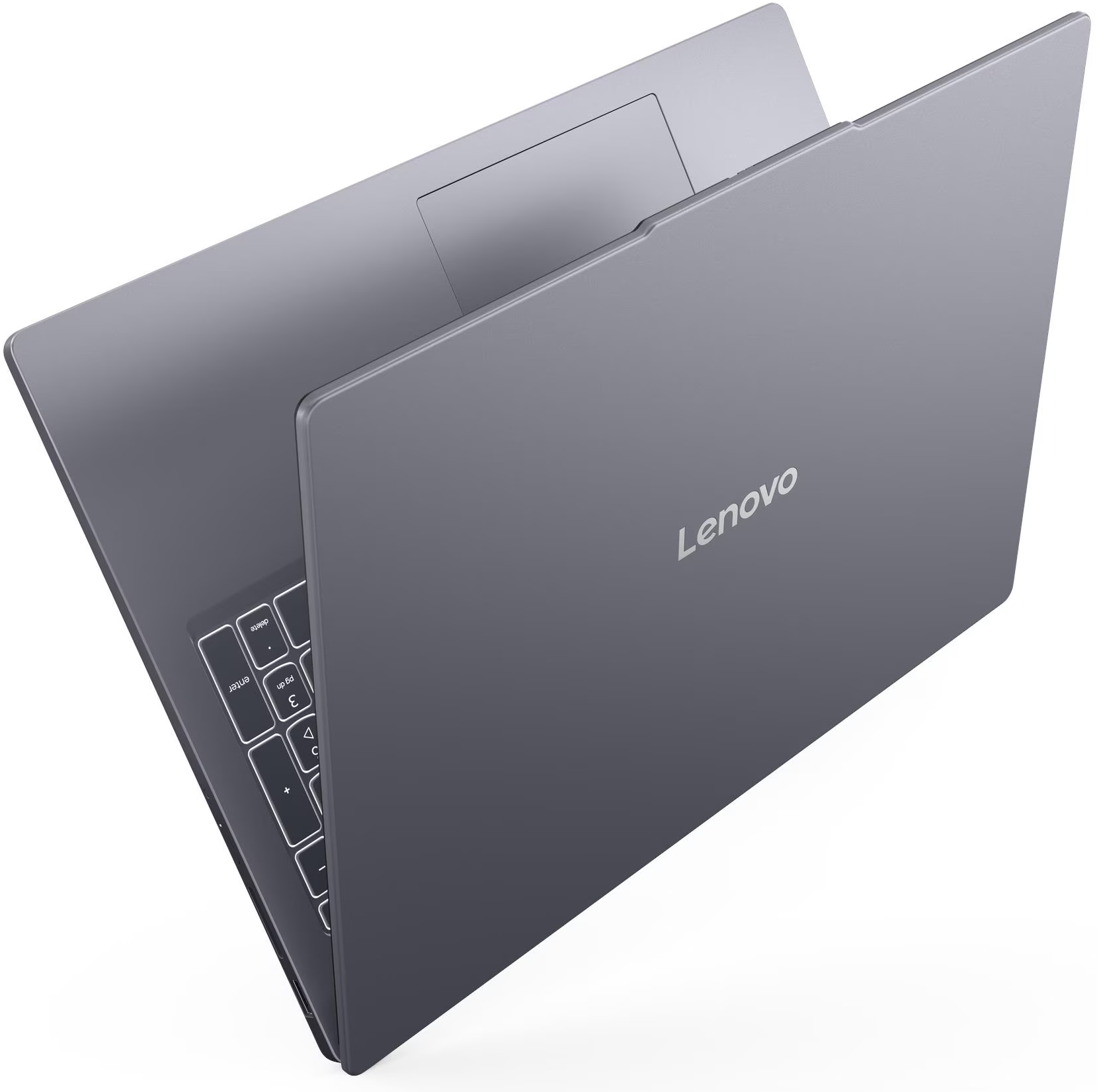 Egy szürke Lenovo laptop nyitva van. A billentyűzet látható, a Lenovo logó a fedélen.