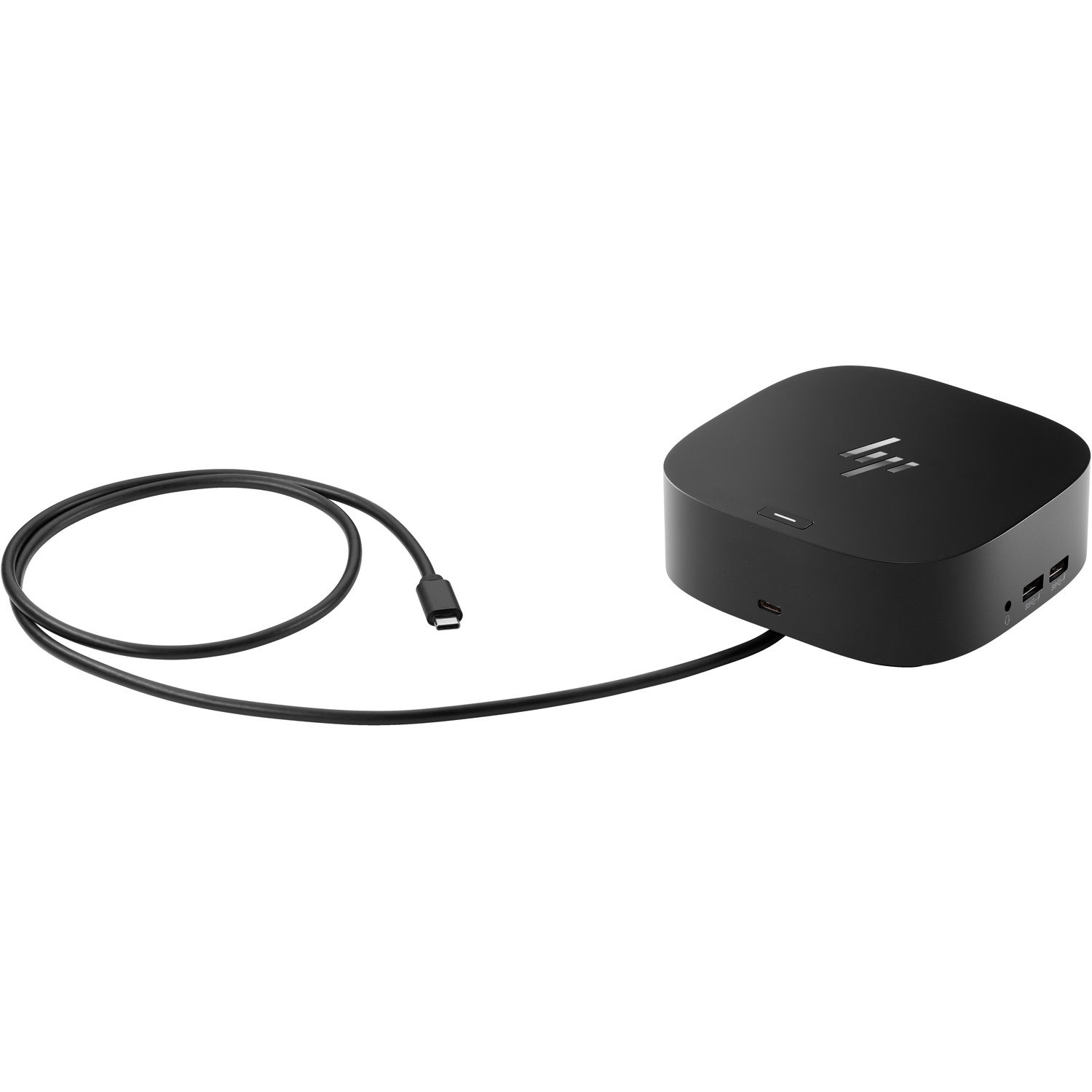Black HP docking station with attached black cable, resting on a white surface. HP logo is on top of the device.