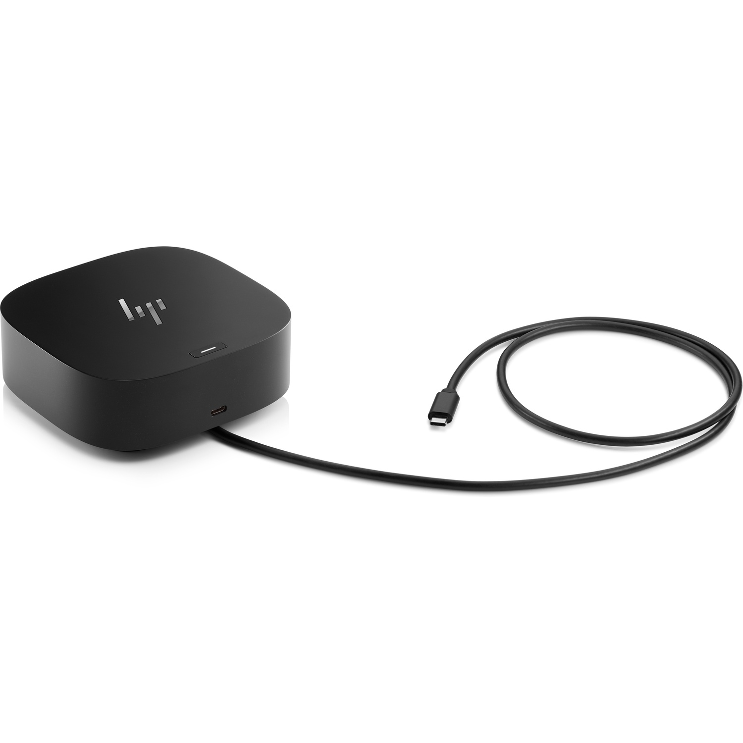 Black HP docking station with a connected black cable. The station has a logo and a power button. White background.