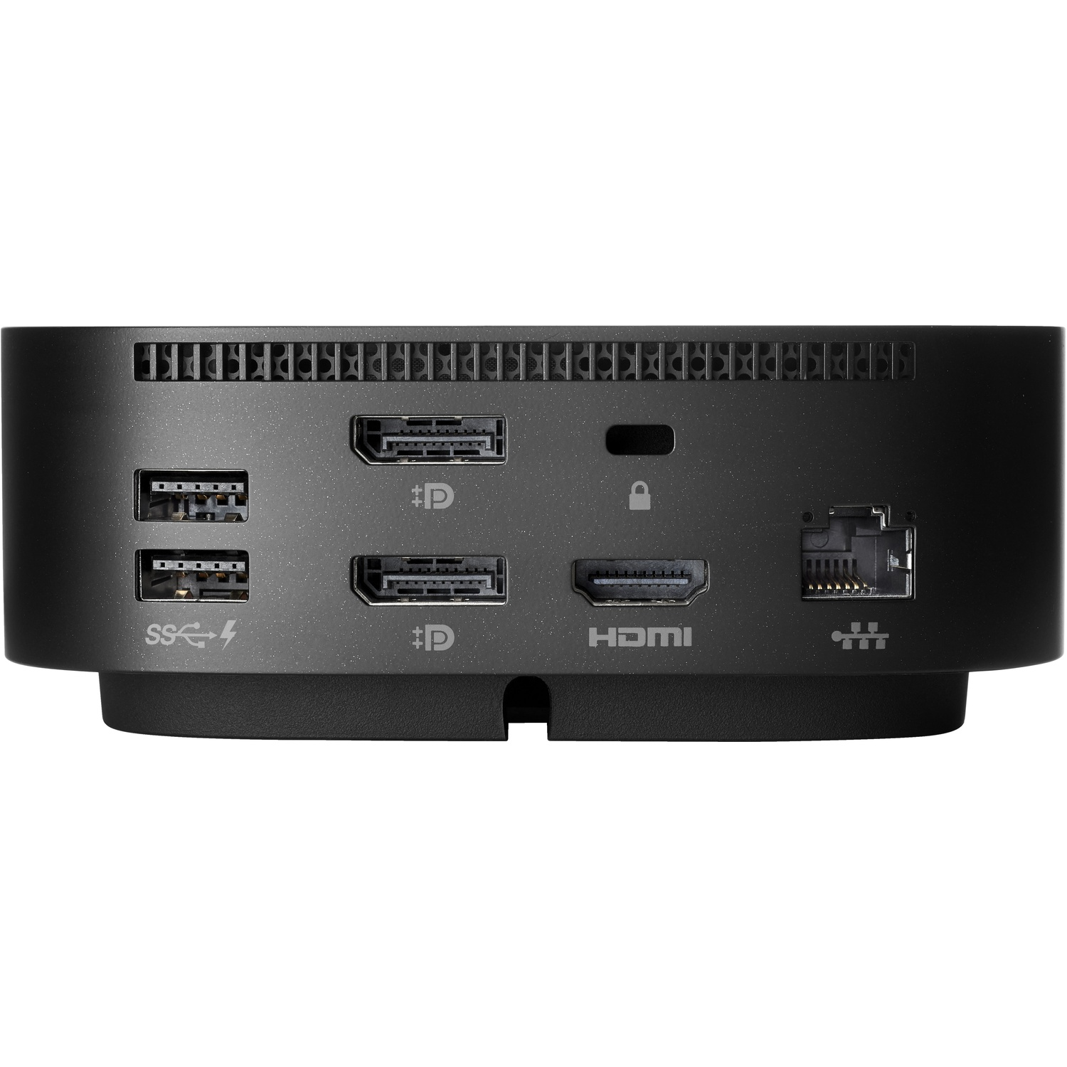 Black docking station with multiple ports including USB, HDMI, DisplayPort, and Ethernet. Features a vent and a lock symbol.