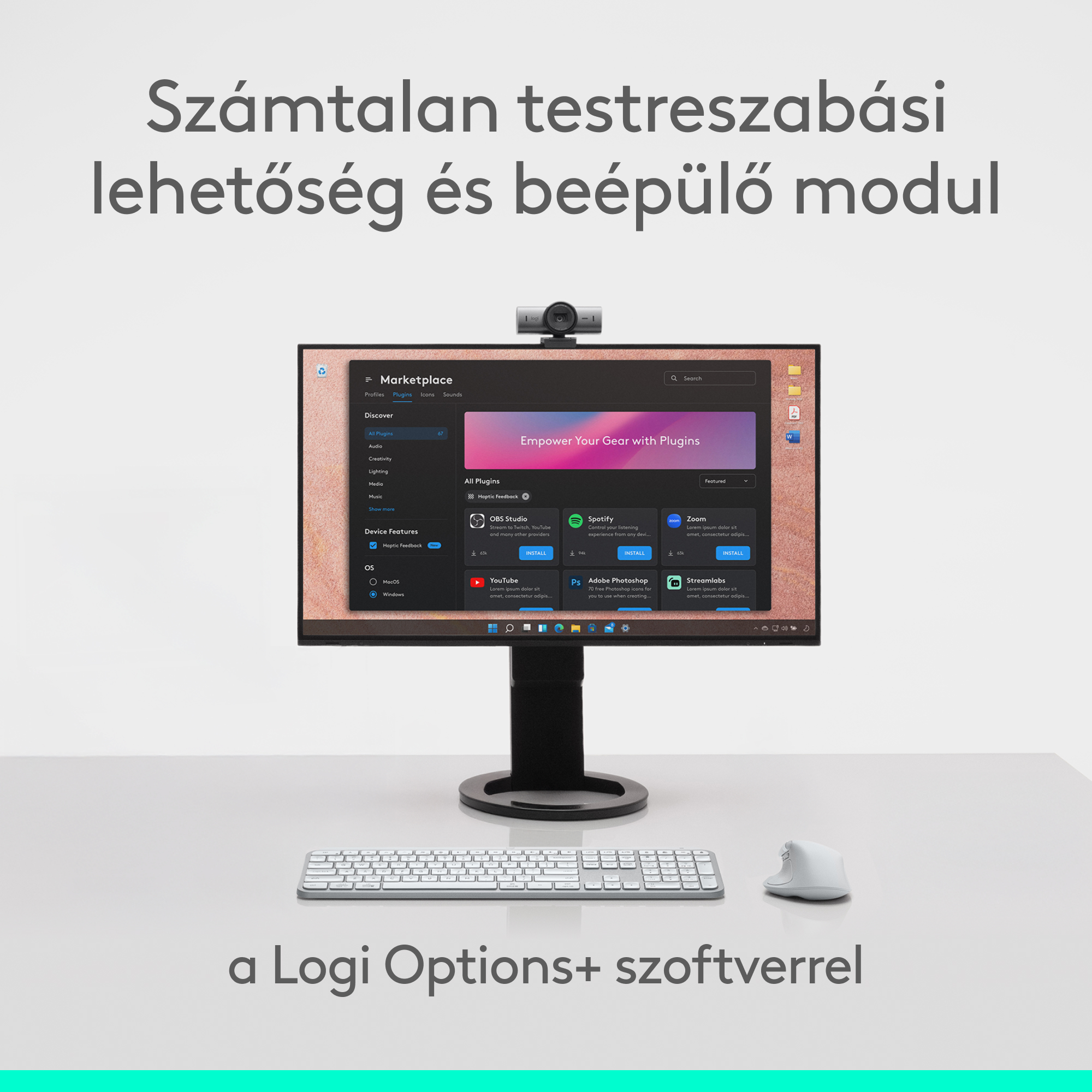 A monitor szoftvert és webkamerát jelenít meg. Alatta billentyűzet és egér található. A háttér fehér.
