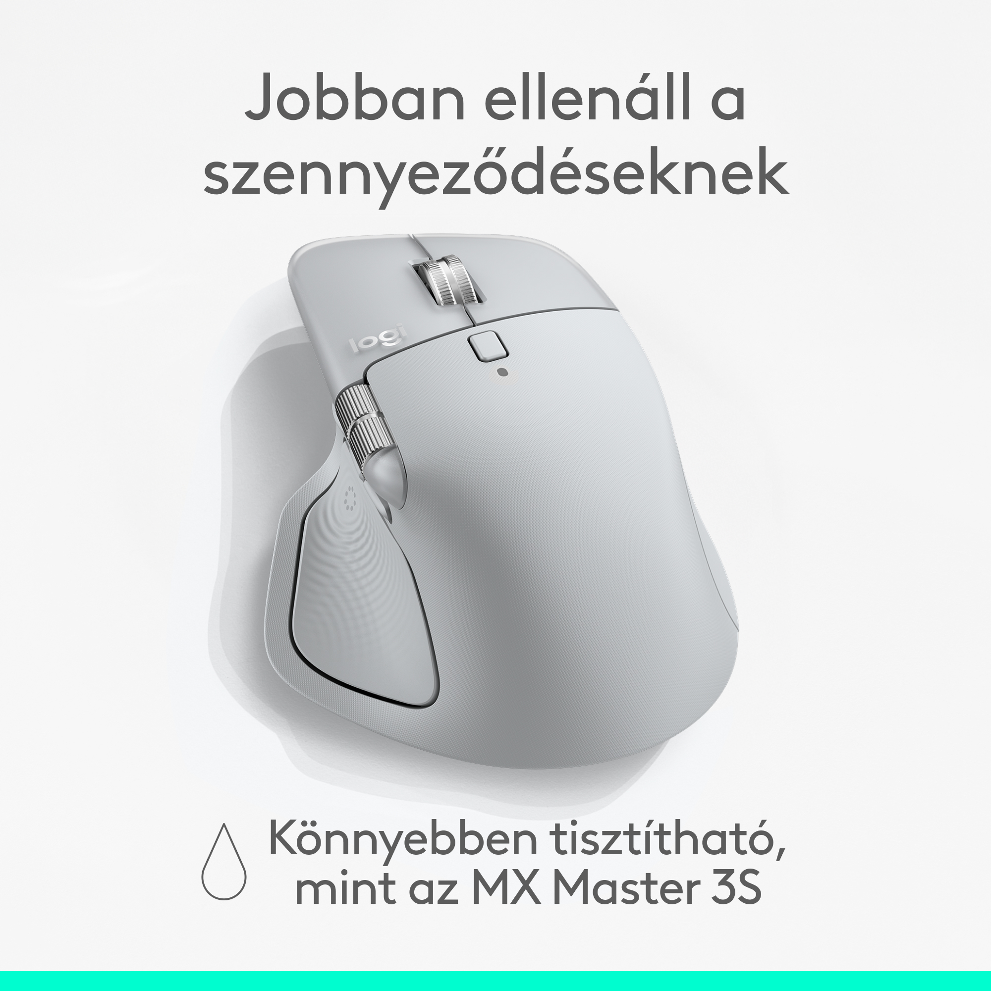 Egy szürke Logitech egér fehér háttéren. Magyar szöveg: 'Jobban ellenáll a szennyeződéseknek', és könnyebben tisztítható.
