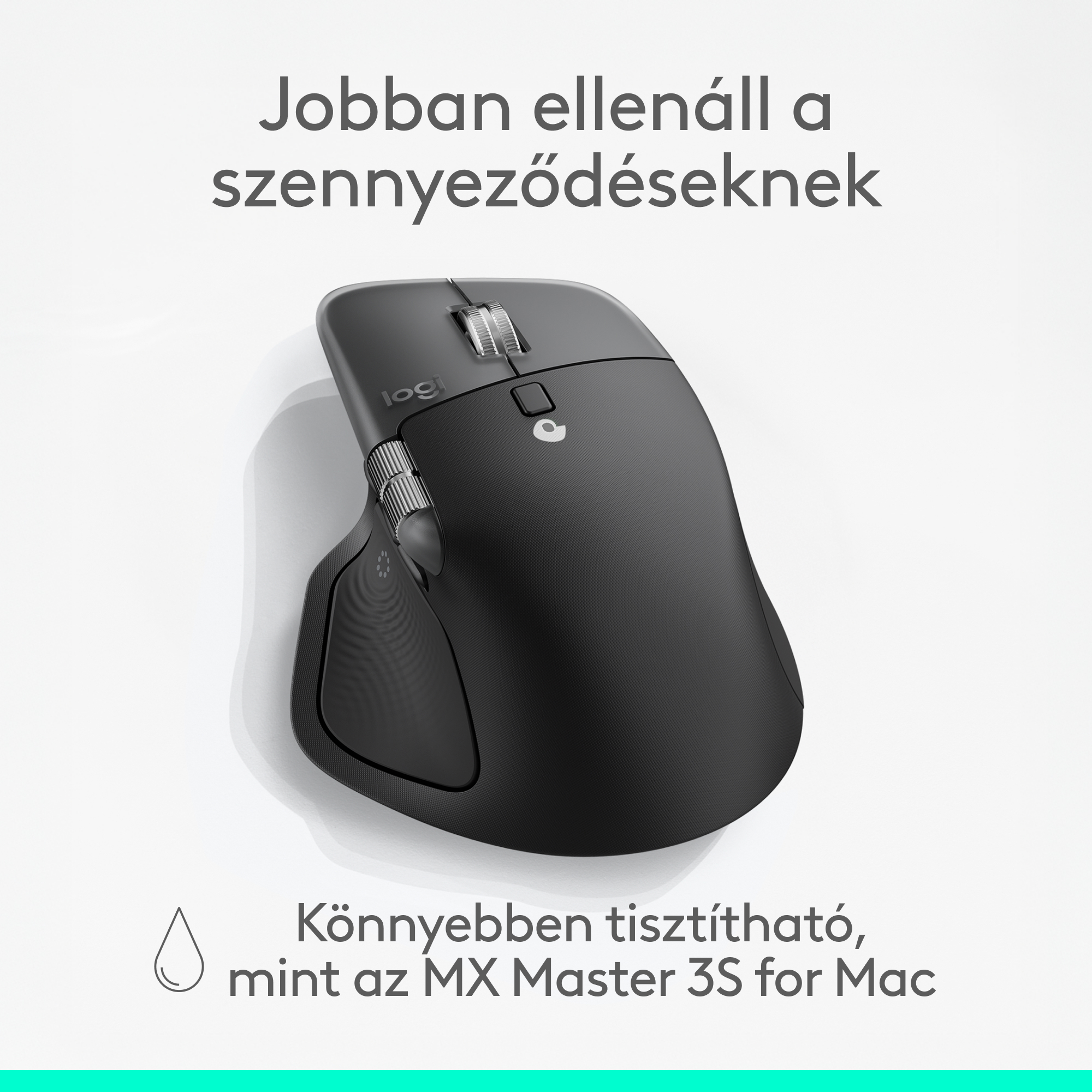 Fekete Logitech egér magyar szöveggel. Azt írja: "Könnyebben tisztítható, mint az MX Master 3S for Mac."