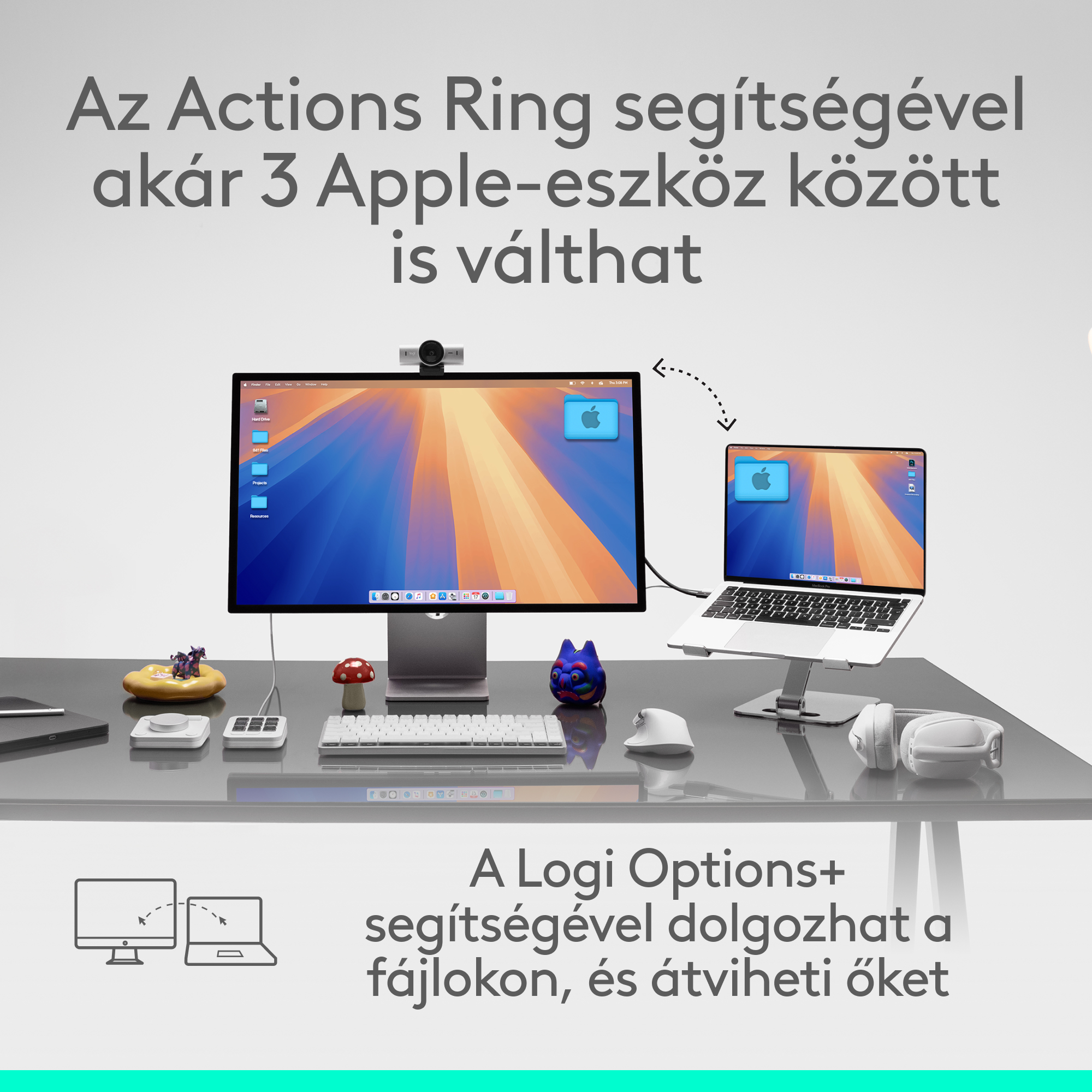 Monitor és laptop felállítása, kiegészítők az asztalon. Magyar szöveg az Actions Ring-et és a Logi Options+-t említi.