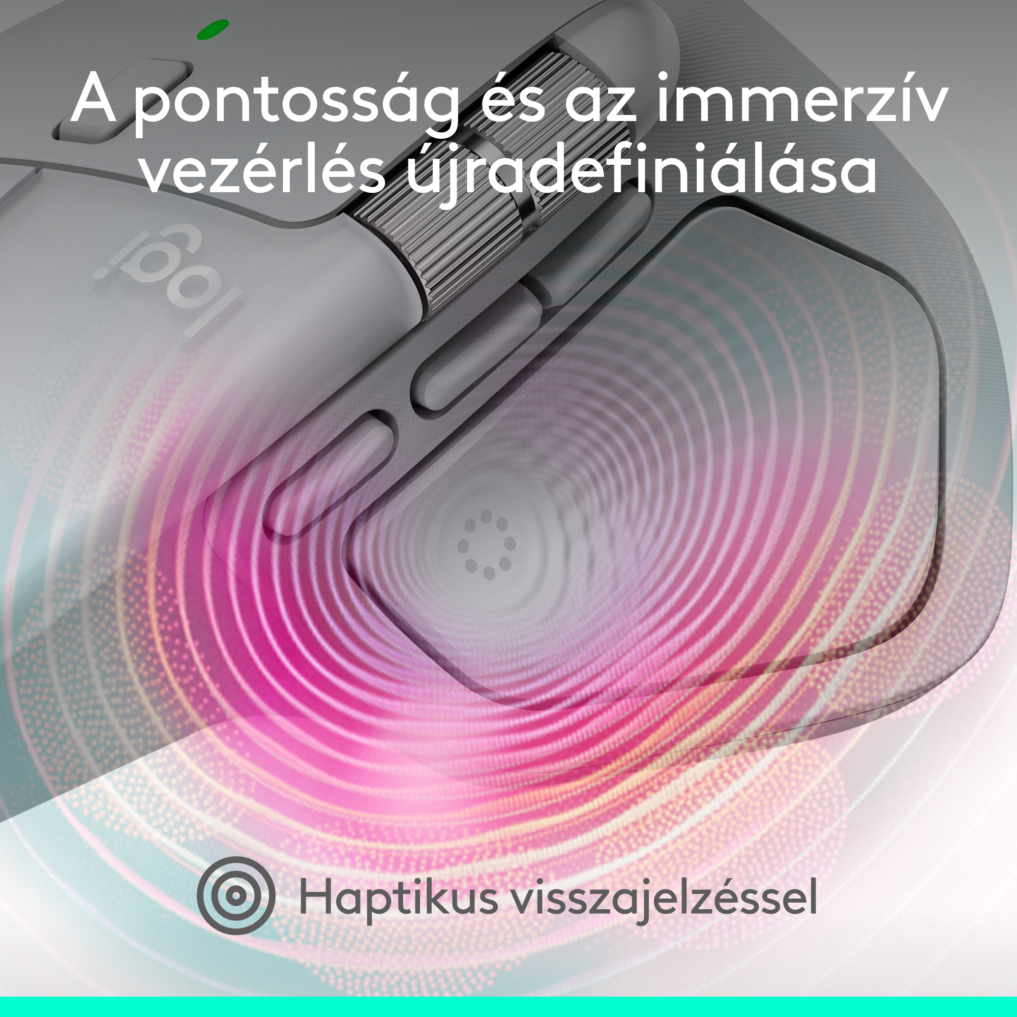 Egy számítógépes egér közeli képe haptikus visszajelzéssel. Szöveg: A pontosság és az immerzív vezérlés újradefiniálása. Rózsaszín.