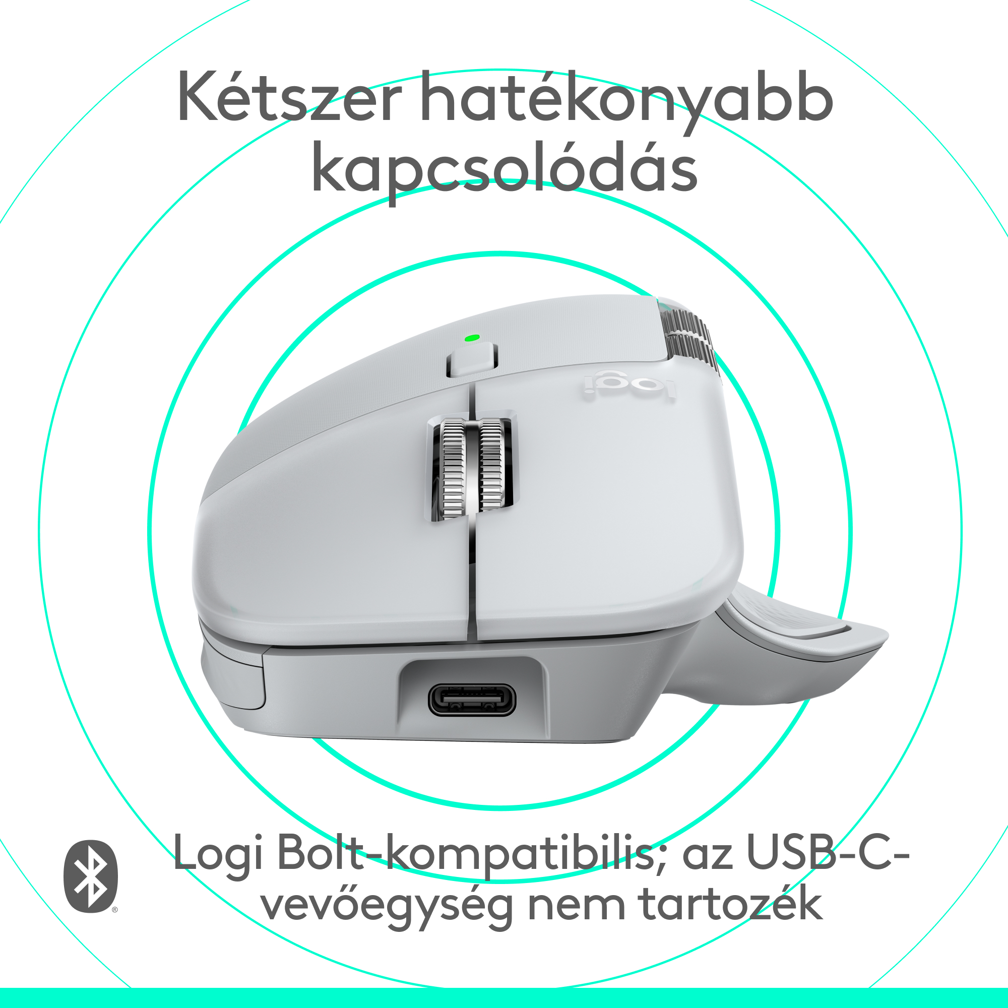 Egy fehér Logitech egér látható görgetőkerékkel. A fenti szöveg azt mondja: 'Kétszer hatékonyabb kapcsolat'.