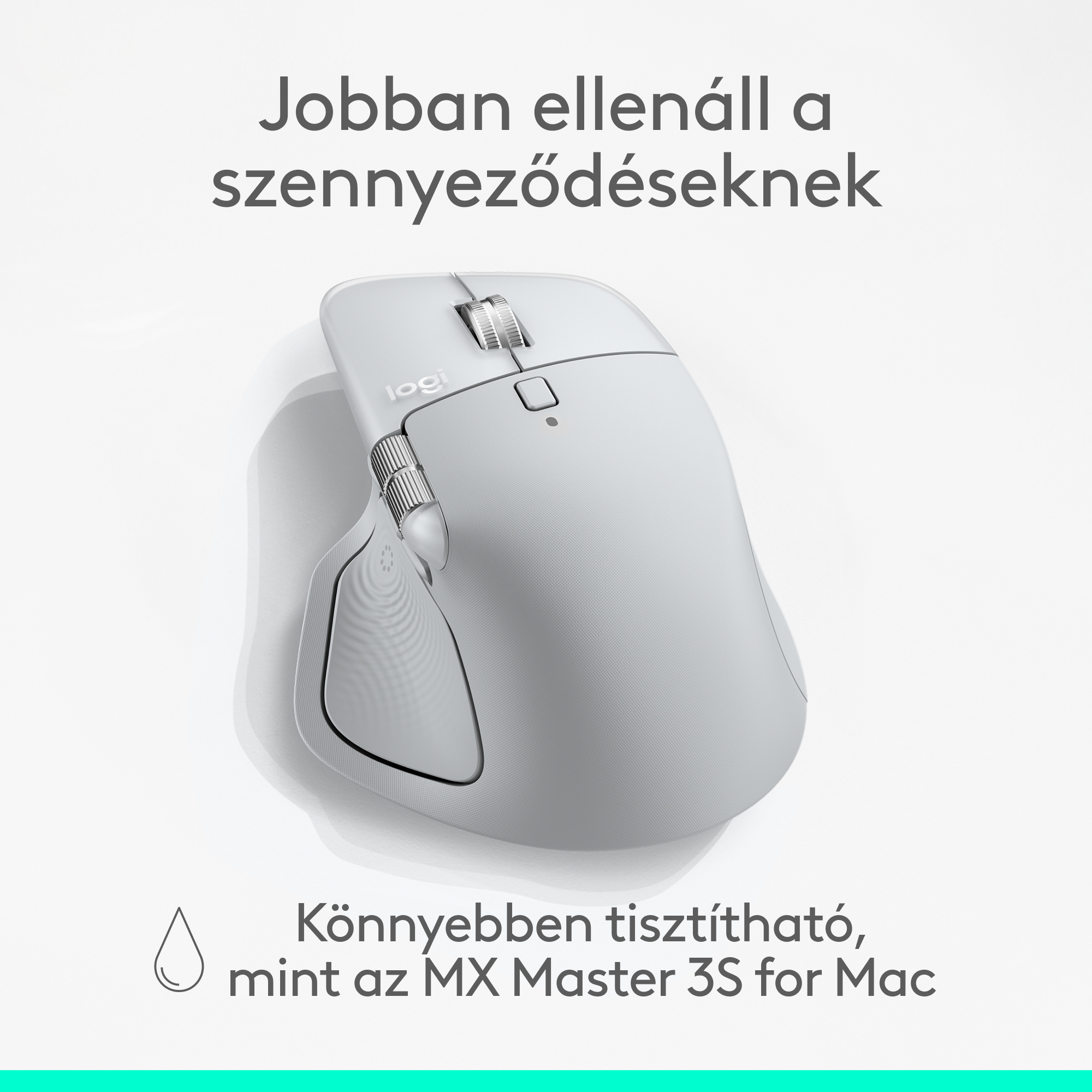 Egy fehér Logitech MX Master 3S egér fehér háttéren. A fenti szöveg: 'Ellenáll a szennyeződéseknek'. Az alsó szöveg: 'Könnyebben tisztítható'.