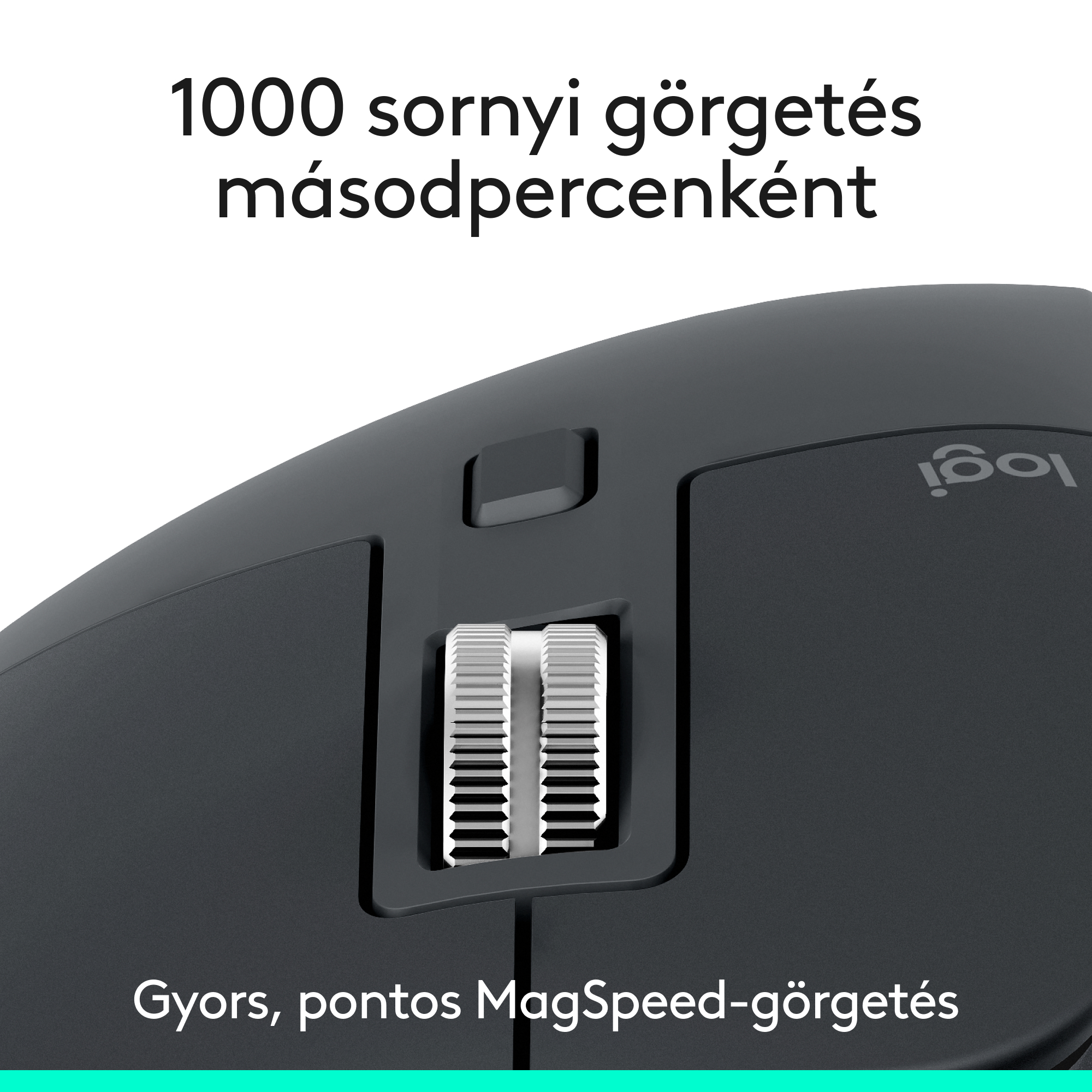 Fekete Logitech egér közelről. Szöveg: '1000 sor görgetés másodpercenként'. Görgetőkerék és logó.