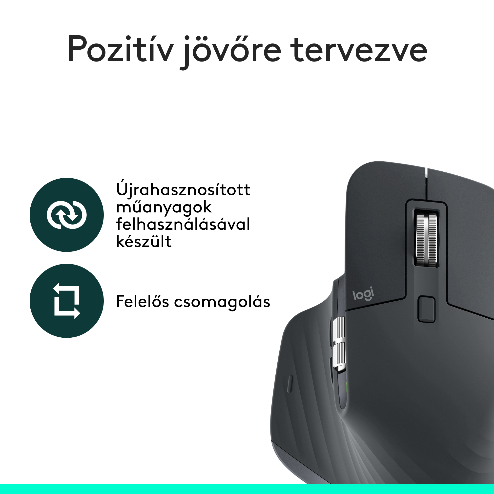 Sötétszürke Logitech egér görgetőkerékkel. A szöveg azt mondja: 'Újrahasznosított műanyagok felhasználásával készült' és 'Felelős csomagolás'.