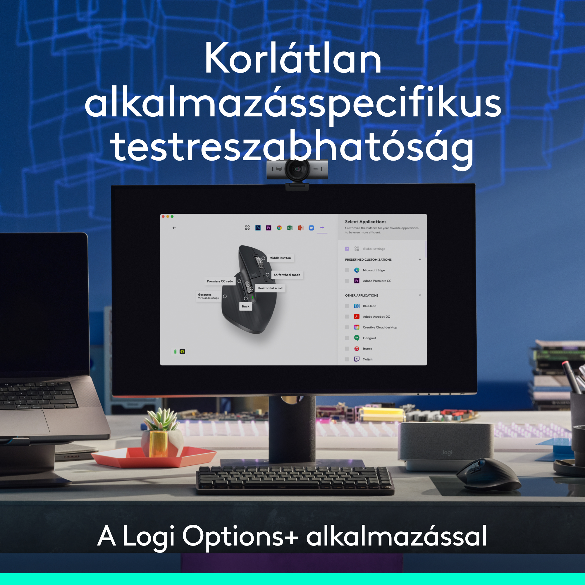 Asztali beállítás monitorral, billentyűzettel, egérrel és webkamerával. A képernyő testreszabási beállításokat mutat.