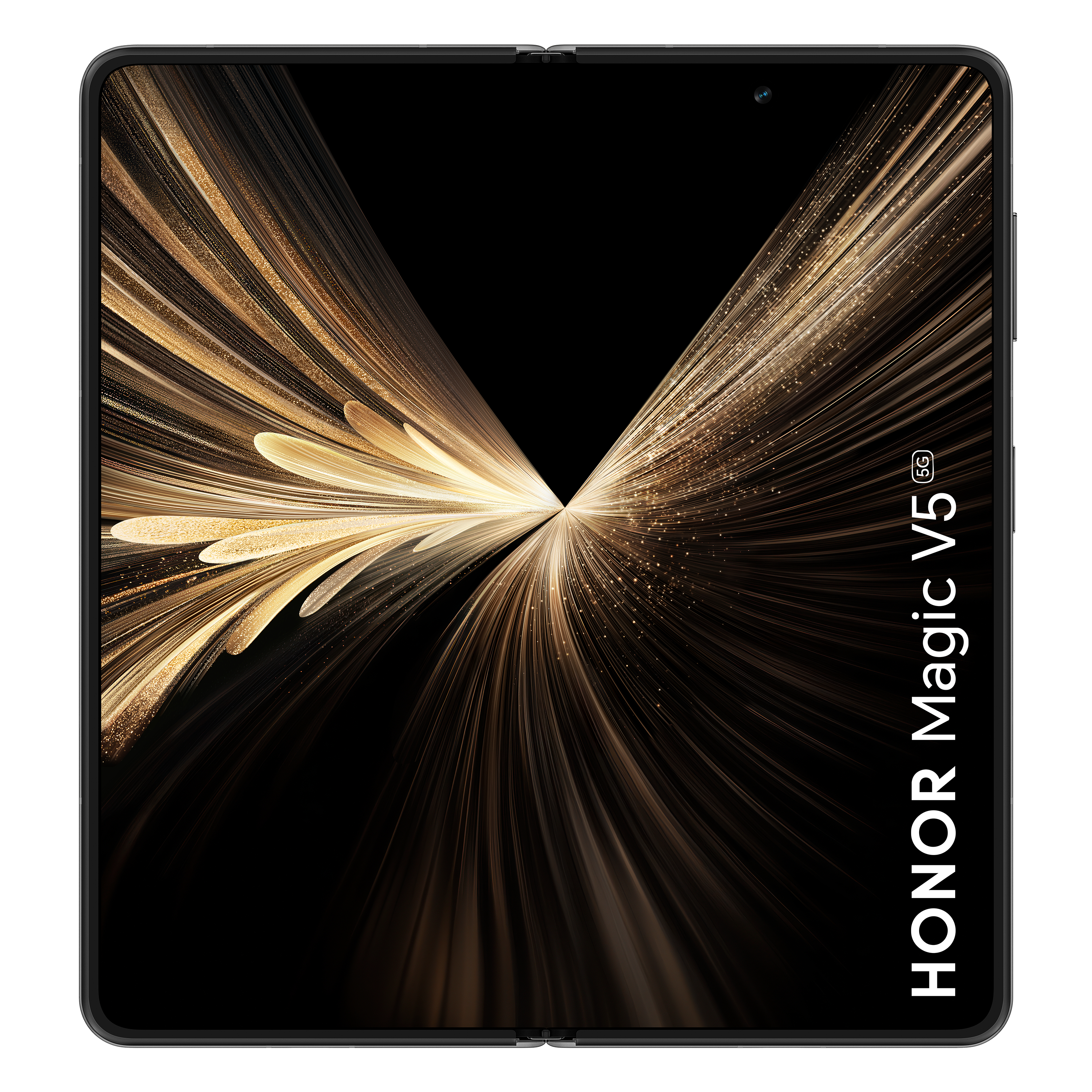 Schwarzes Honor Magic V5-Telefon, gefaltet. Das Display hat ein abstraktes Gold- und Schwarz-Design. Telefon auf weißem Hintergrund.