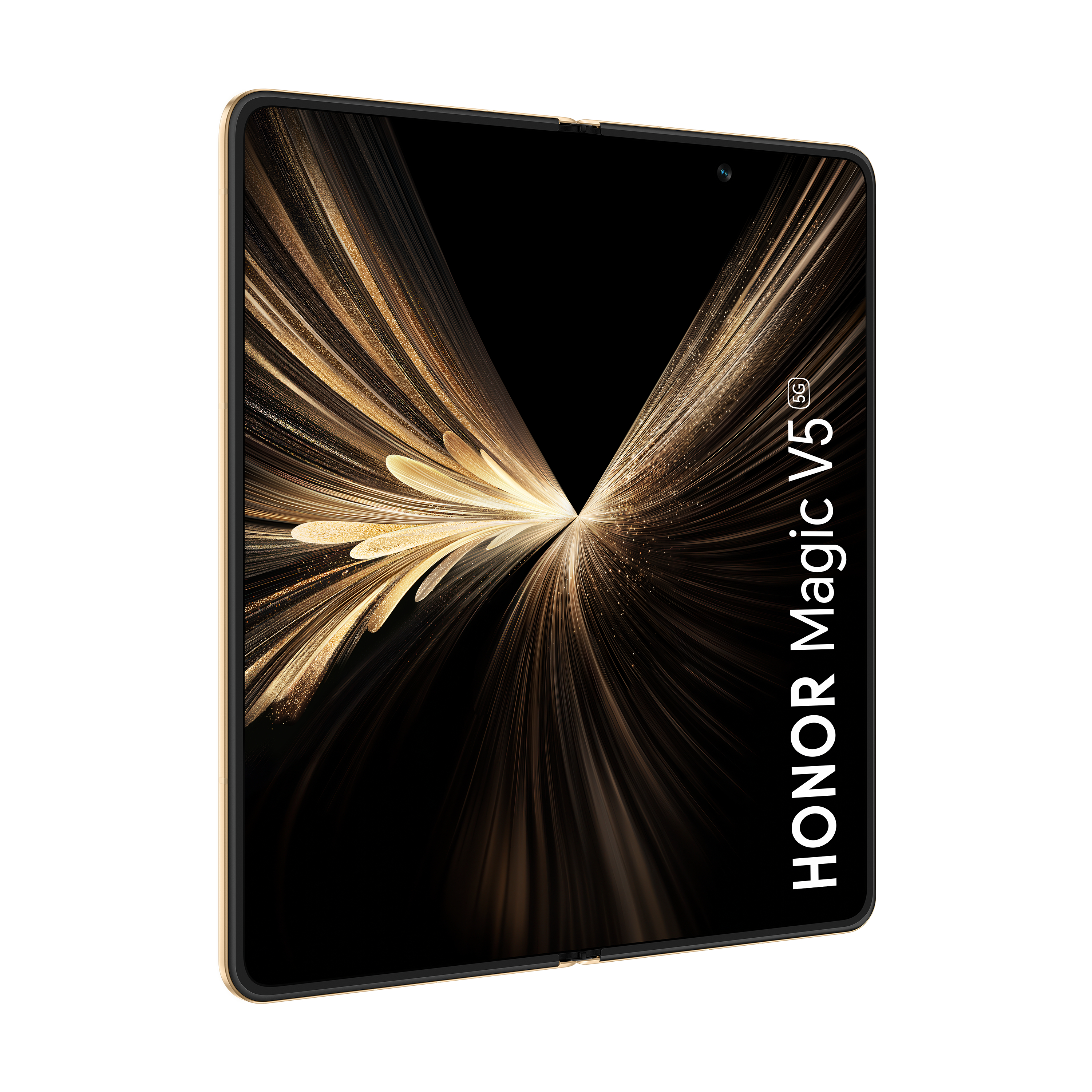 Ein goldenes Honor Magic V5 5G Klapphandy mit schwarzem Bildschirm zeigt ein goldenes Muster. Weißer Hintergrund.