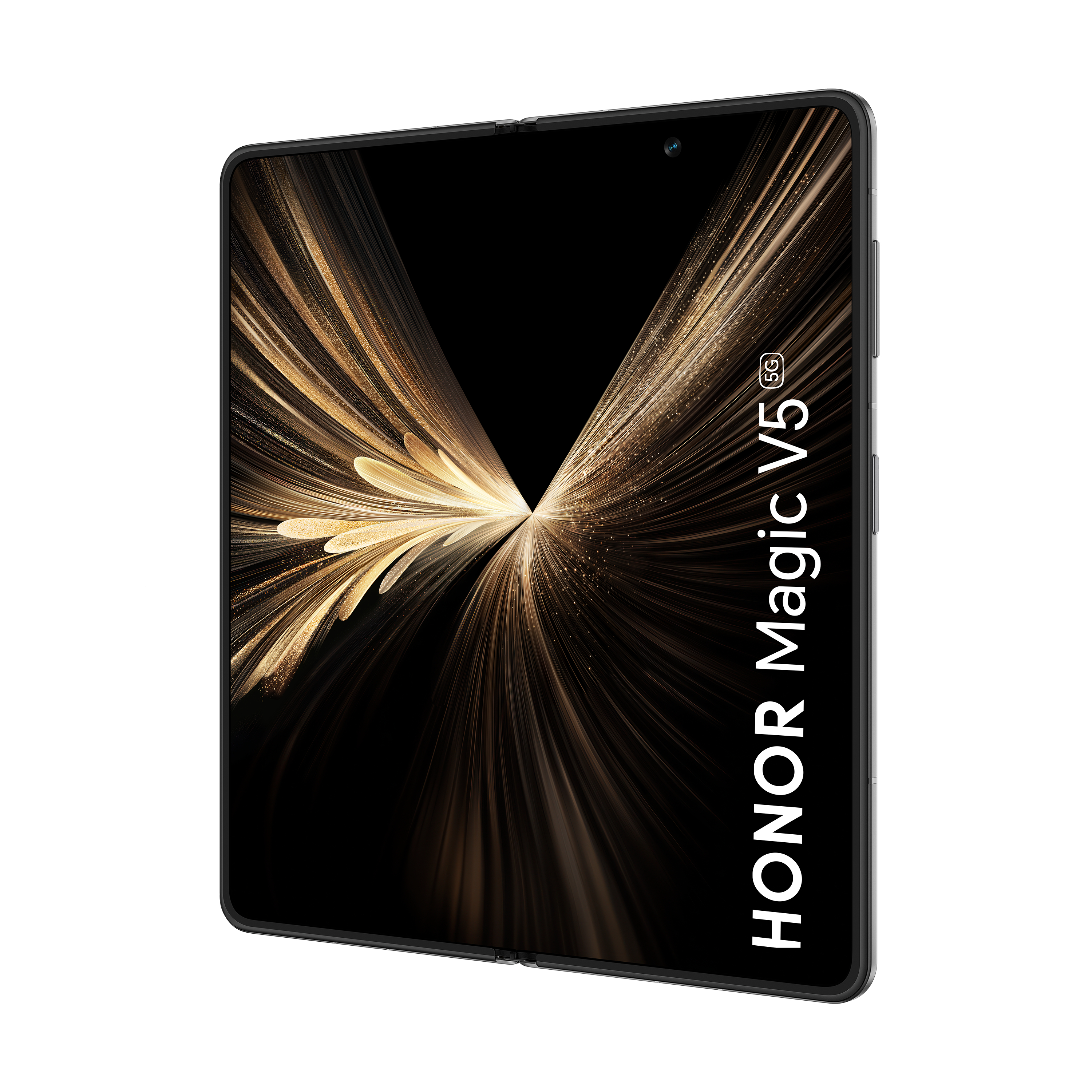 Schwarzes HONOR Magic V5 5G Smartphone, gefaltet. Display zeigt goldene Linien vor schwarzem Hintergrund. Weißer Text: HONOR Magic V5 5G.