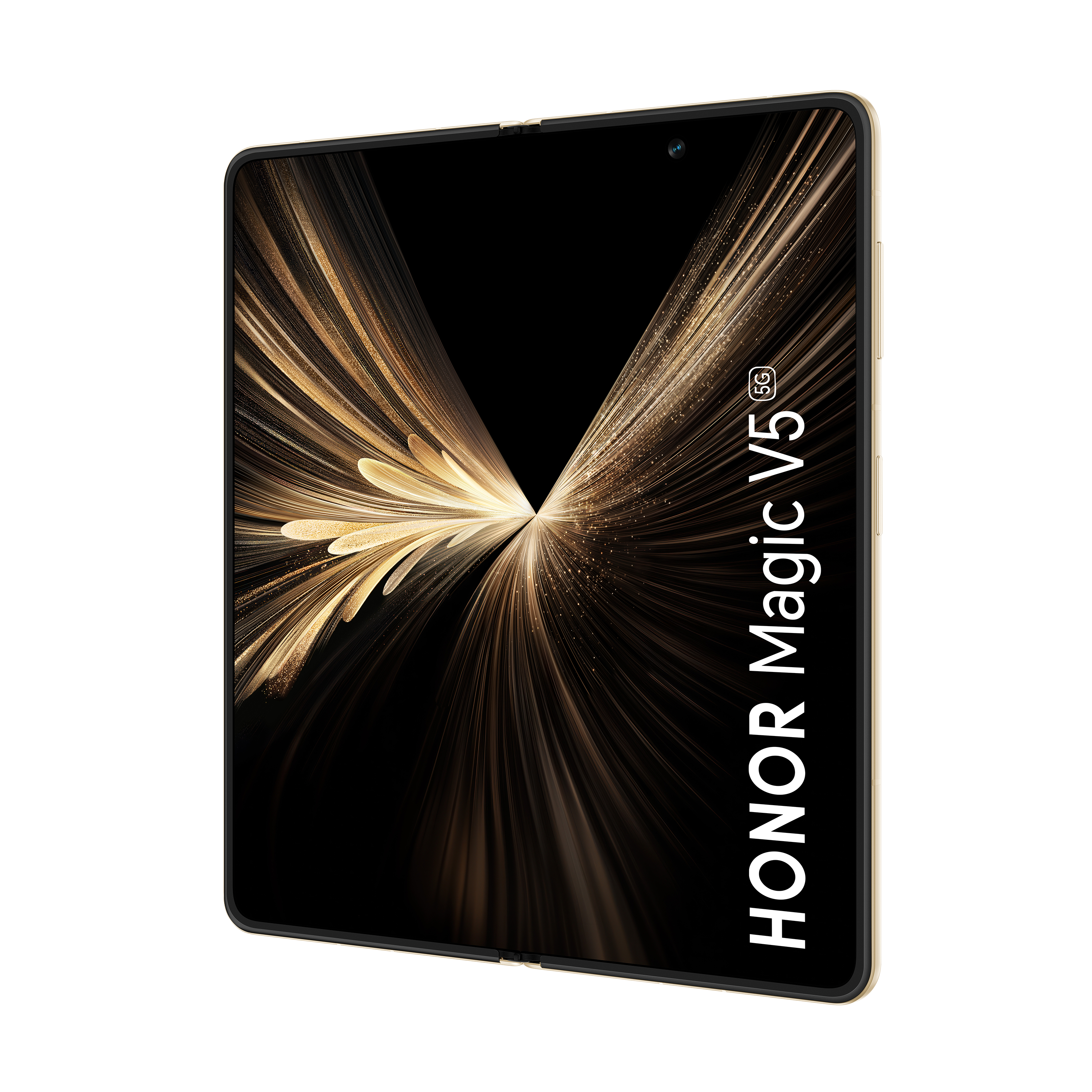 Ein faltbares Smartphone. Der Bildschirm zeigt ein goldenes Lichtmuster vor schwarzem Hintergrund. Das Telefon ist mit HONOR Magic V5 5G beschriftet.