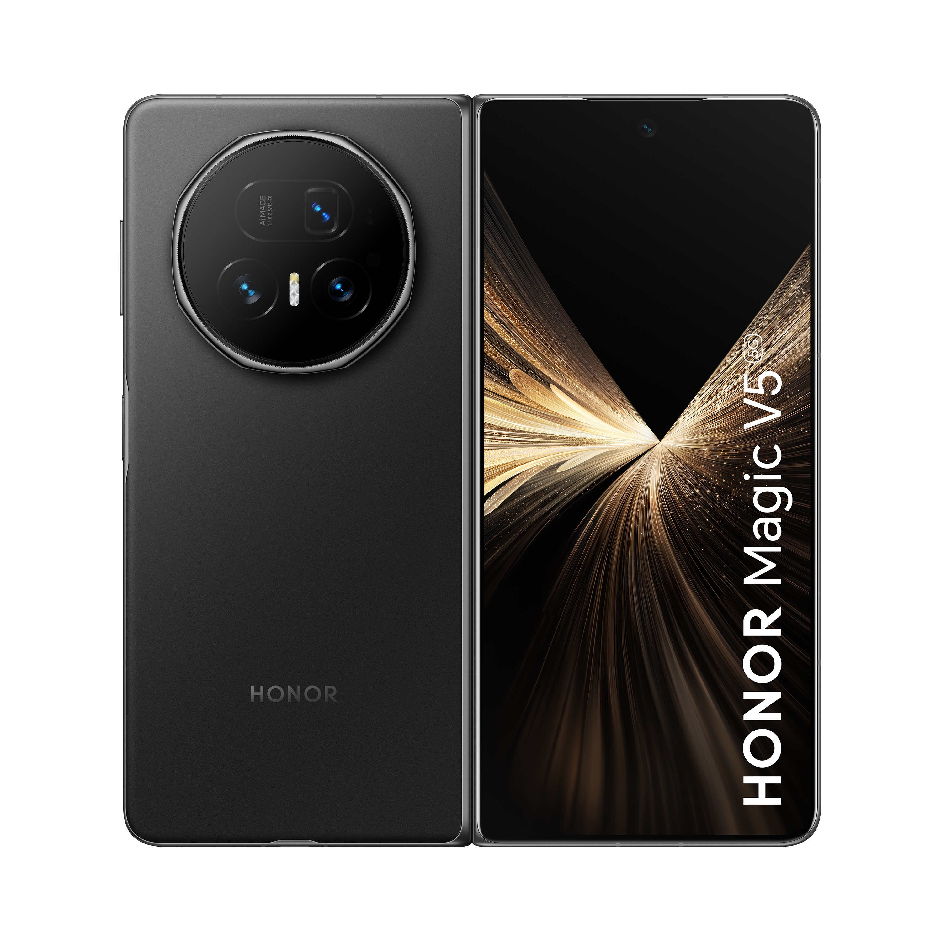 Schwarzes, faltbares HONOR Magic V5 5G. Eine Seite geschlossen, die andere offen. Zeigt Kamera und Bildschirm mit goldenem Licht.